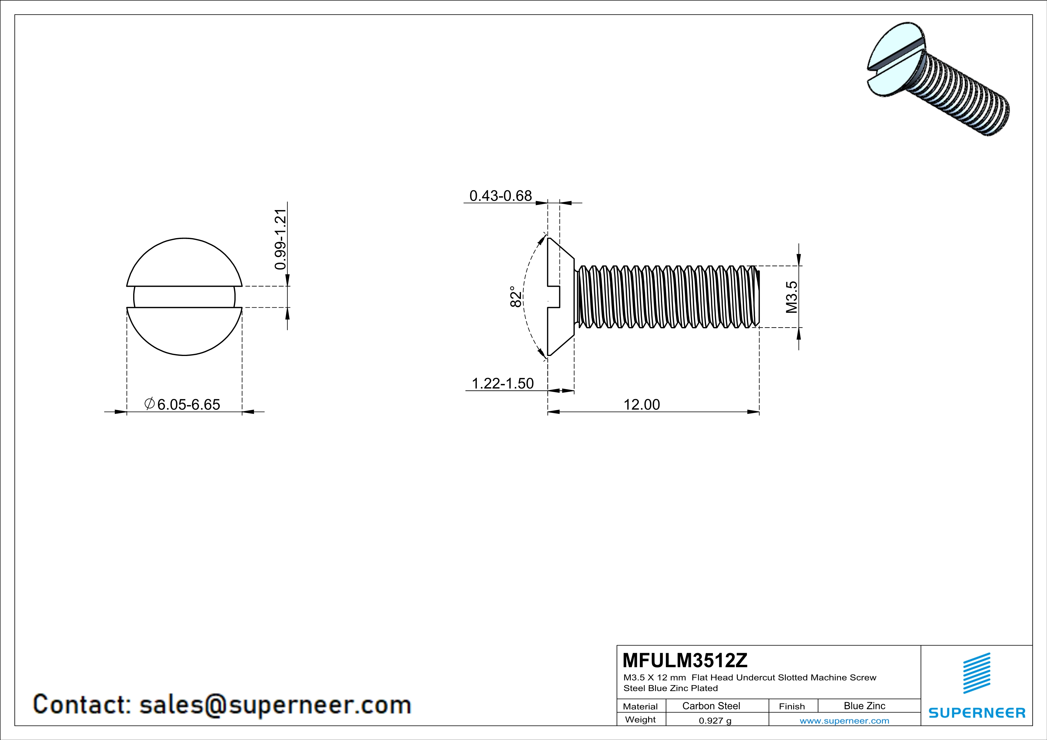 M3.5 x 12 mm Flat Head Undercut Slotted Machine Screw Steel Blue Zinc Plated