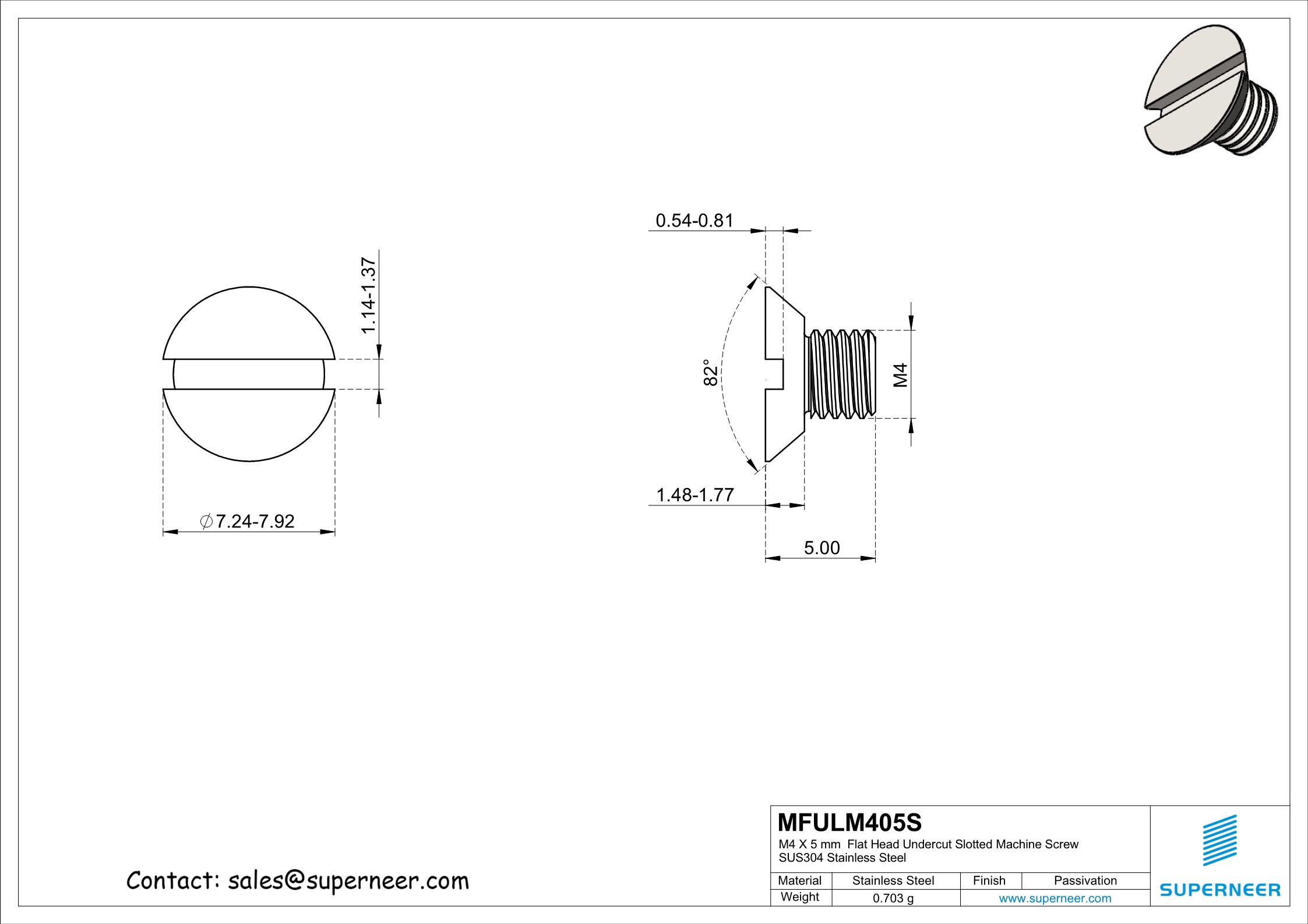 M4 x 5 mm  Flat Head Undercut Slotted Machine Screw SUS304 Stainless Steel Inox