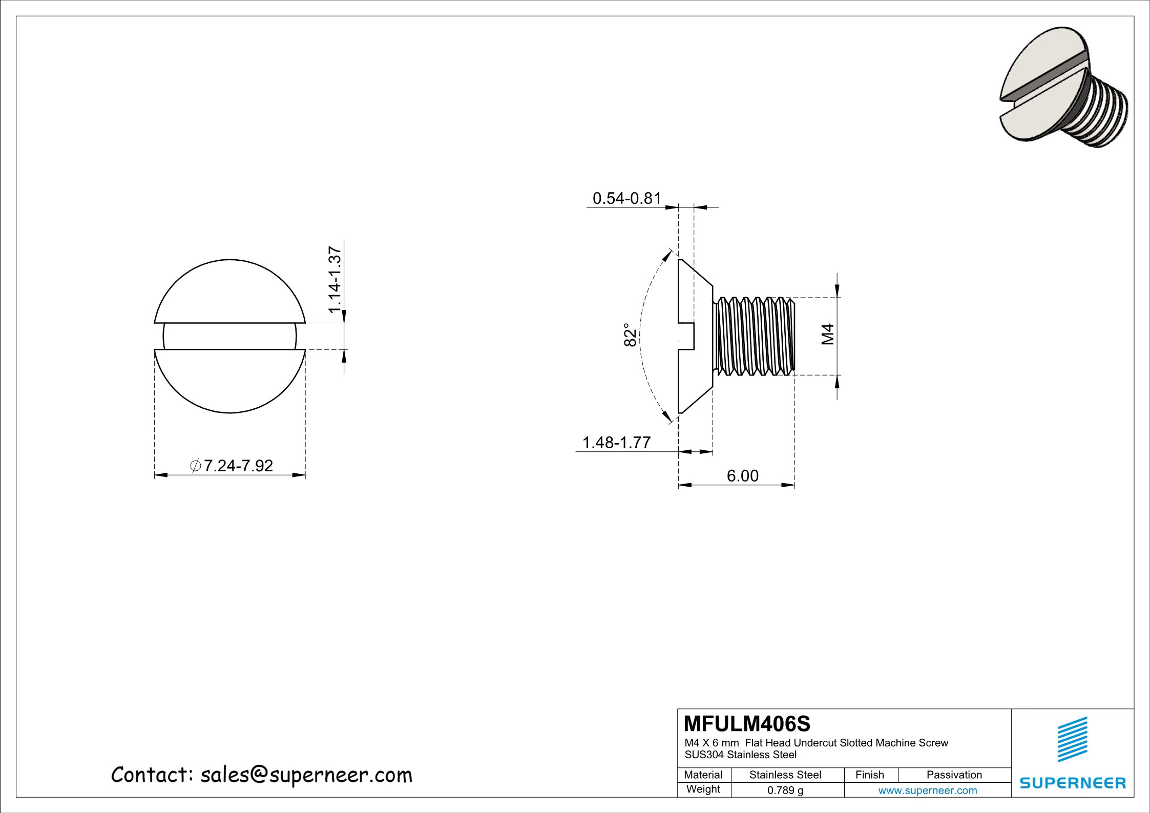 M4 x 6 mm  Flat Head Undercut Slotted Machine Screw SUS304 Stainless Steel Inox