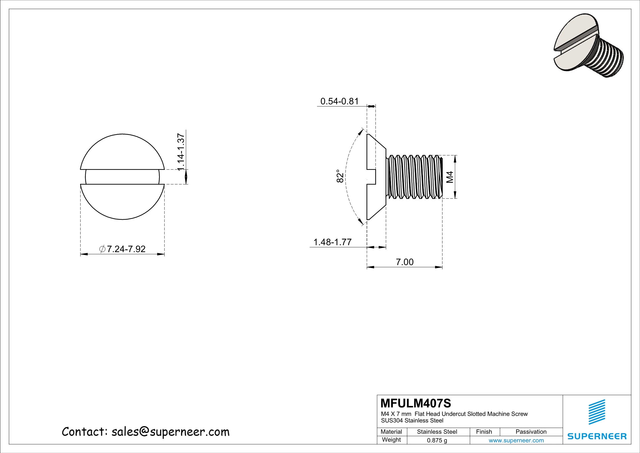 M4 x 7 mm  Flat Head Undercut Slotted Machine Screw SUS304 Stainless Steel Inox