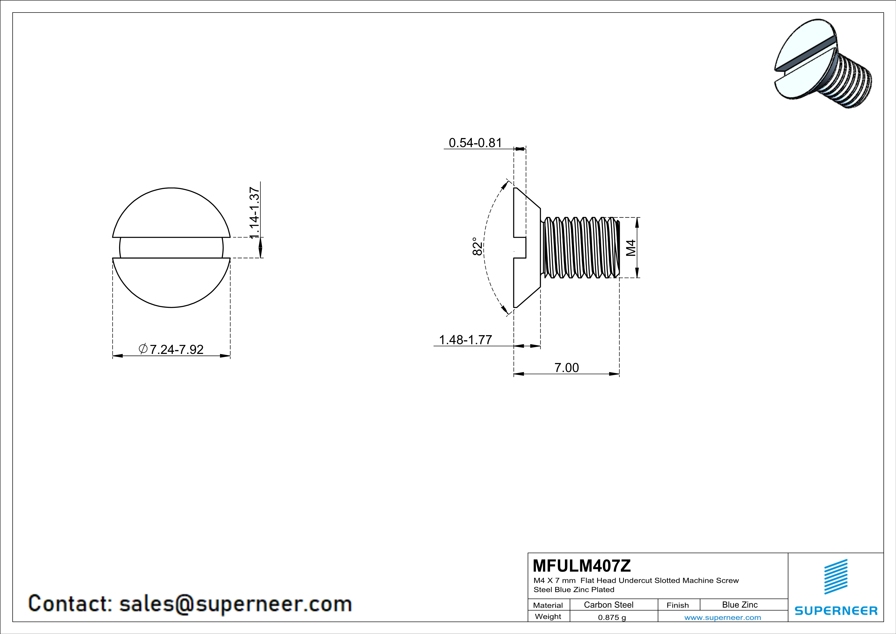 M4 x 7 mm Flat Head Undercut Slotted Machine Screw Steel Blue Zinc Plated