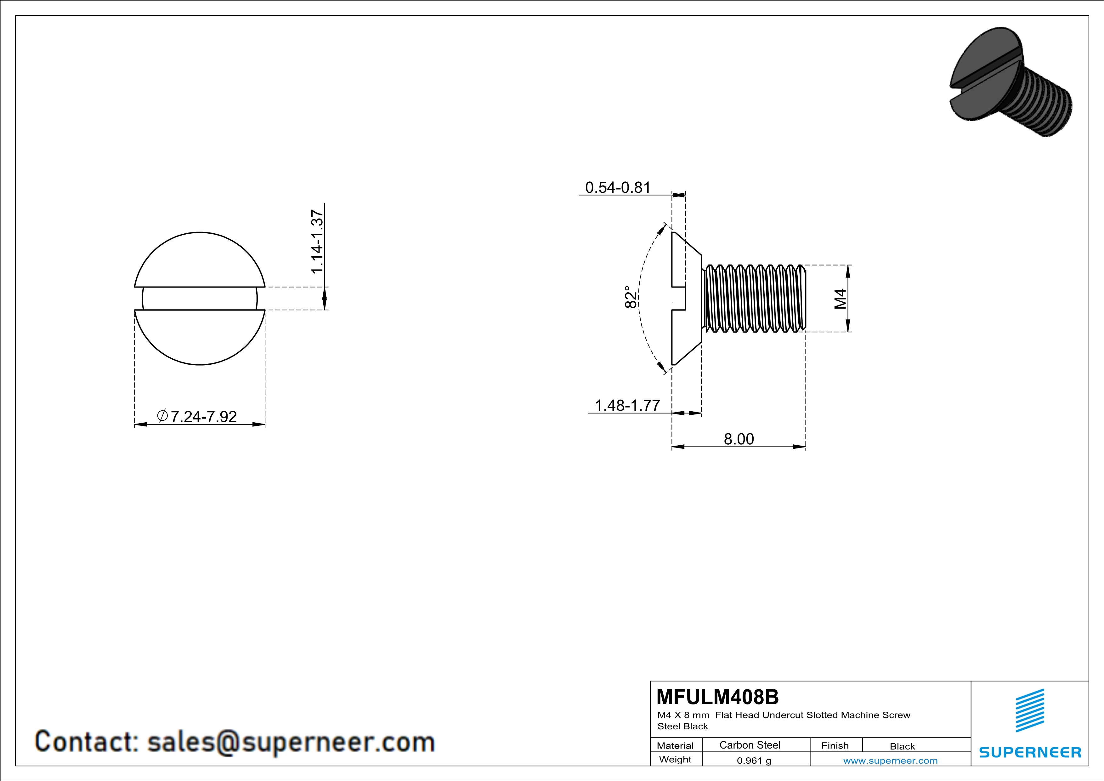 M4 x 8 mm Flat Head Undercut Slotted Machine Screw Steel Black