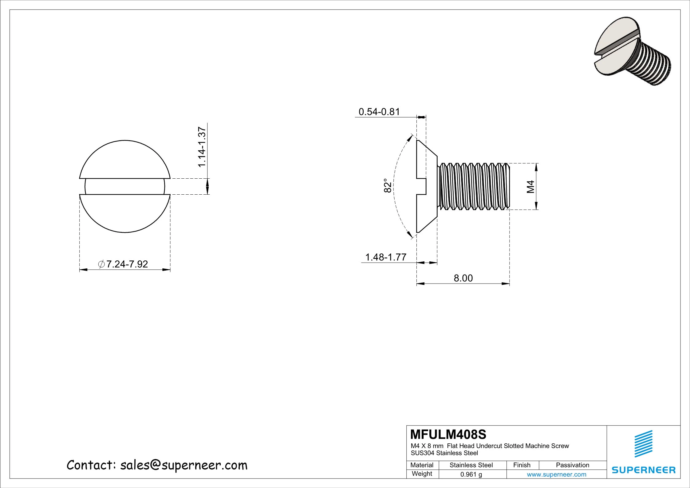 M4 x 8 mm  Flat Head Undercut Slotted Machine Screw SUS304 Stainless Steel Inox