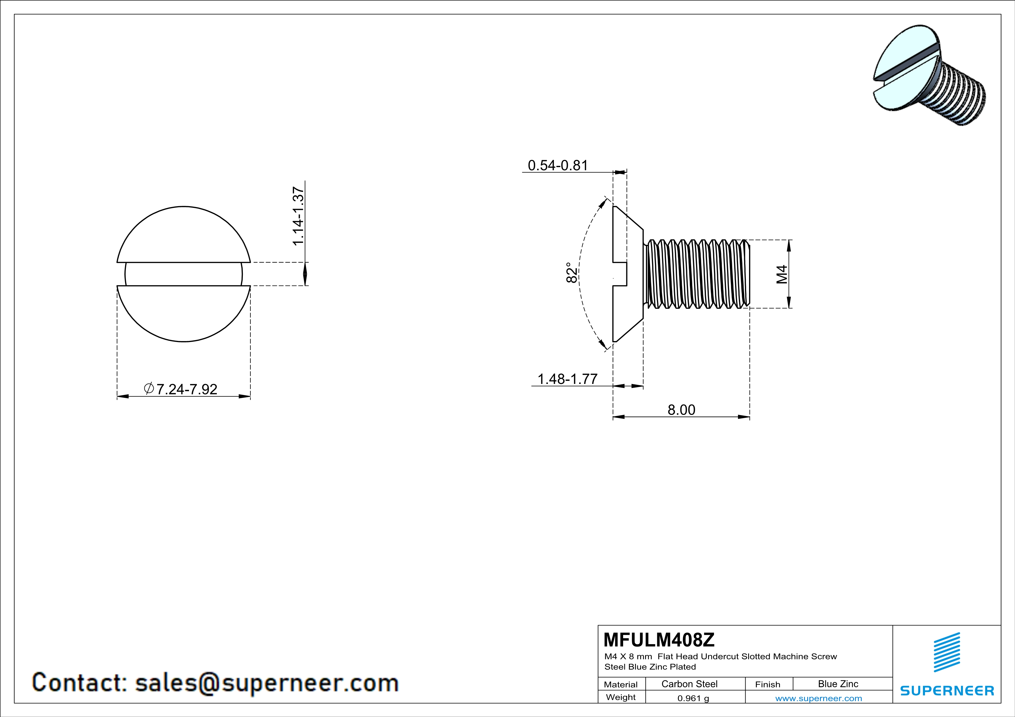 M4 x 8 mm Flat Head Undercut Slotted Machine Screw Steel Blue Zinc Plated