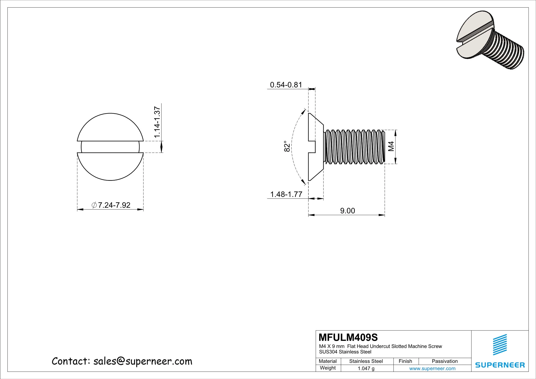 M4 x 9 mm  Flat Head Undercut Slotted Machine Screw SUS304 Stainless Steel Inox