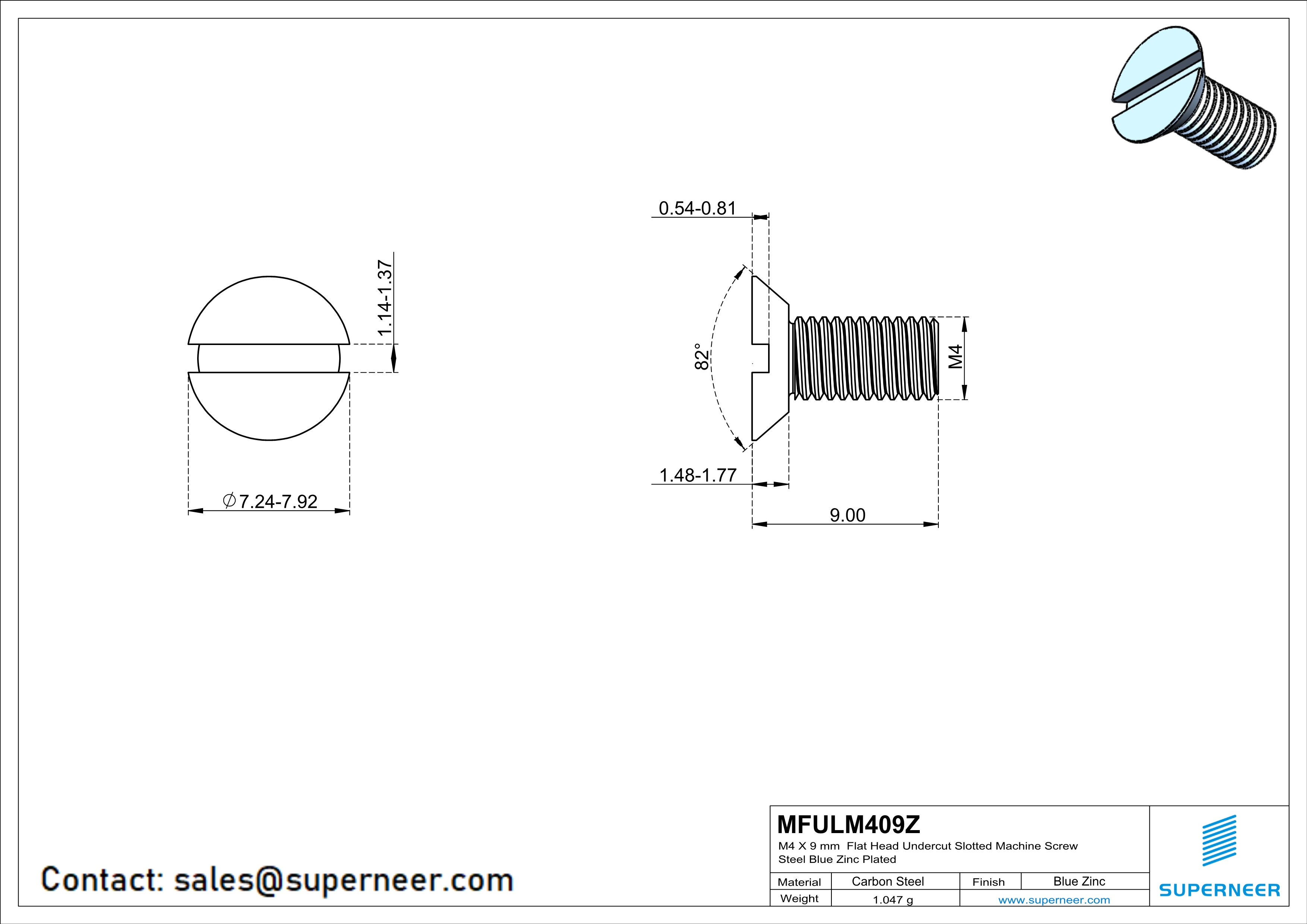 M4 x 9 mm Flat Head Undercut Slotted Machine Screw Steel Blue Zinc Plated