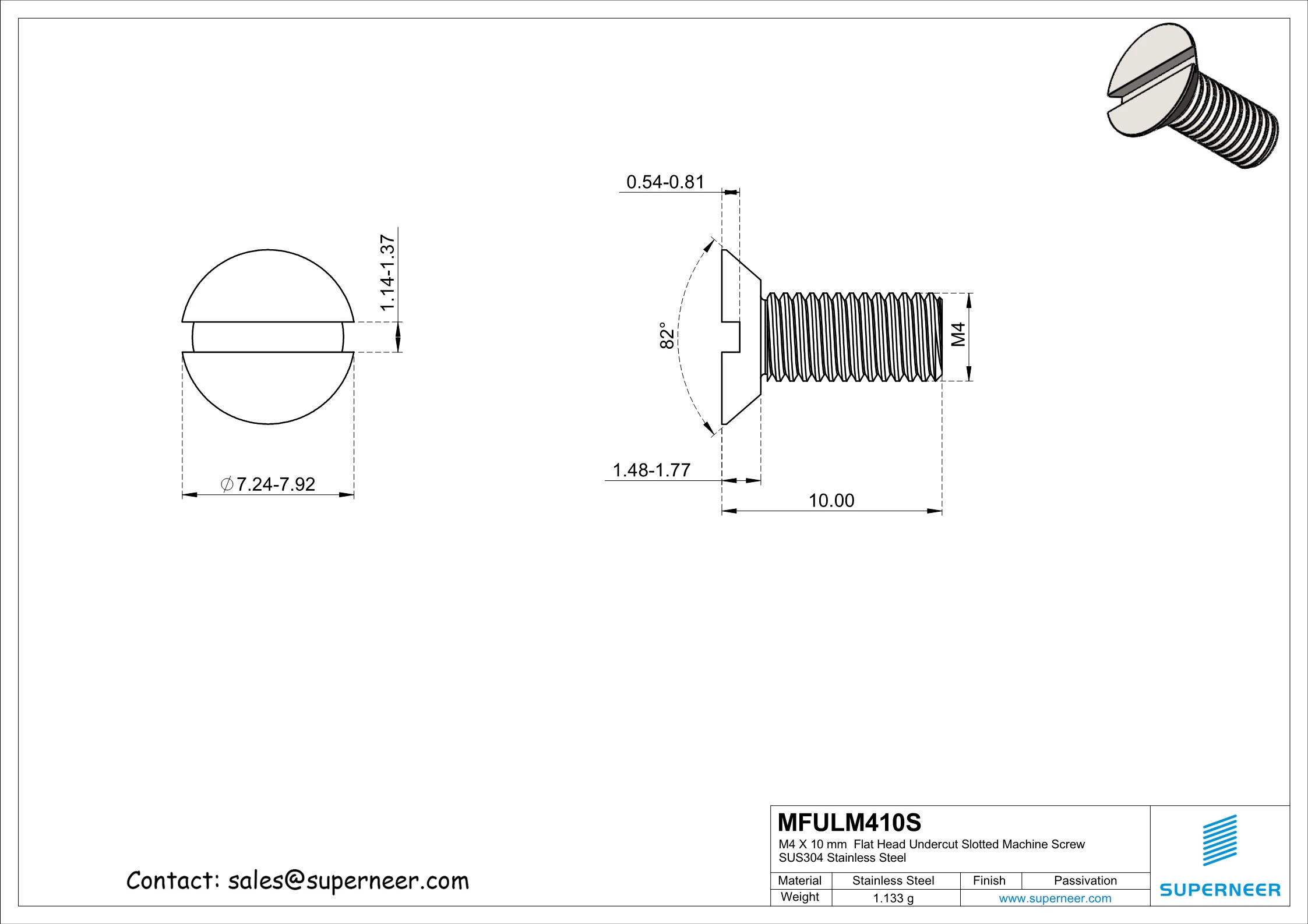 M4 x 10 mm  Flat Head Undercut Slotted Machine Screw SUS304 Stainless Steel Inox