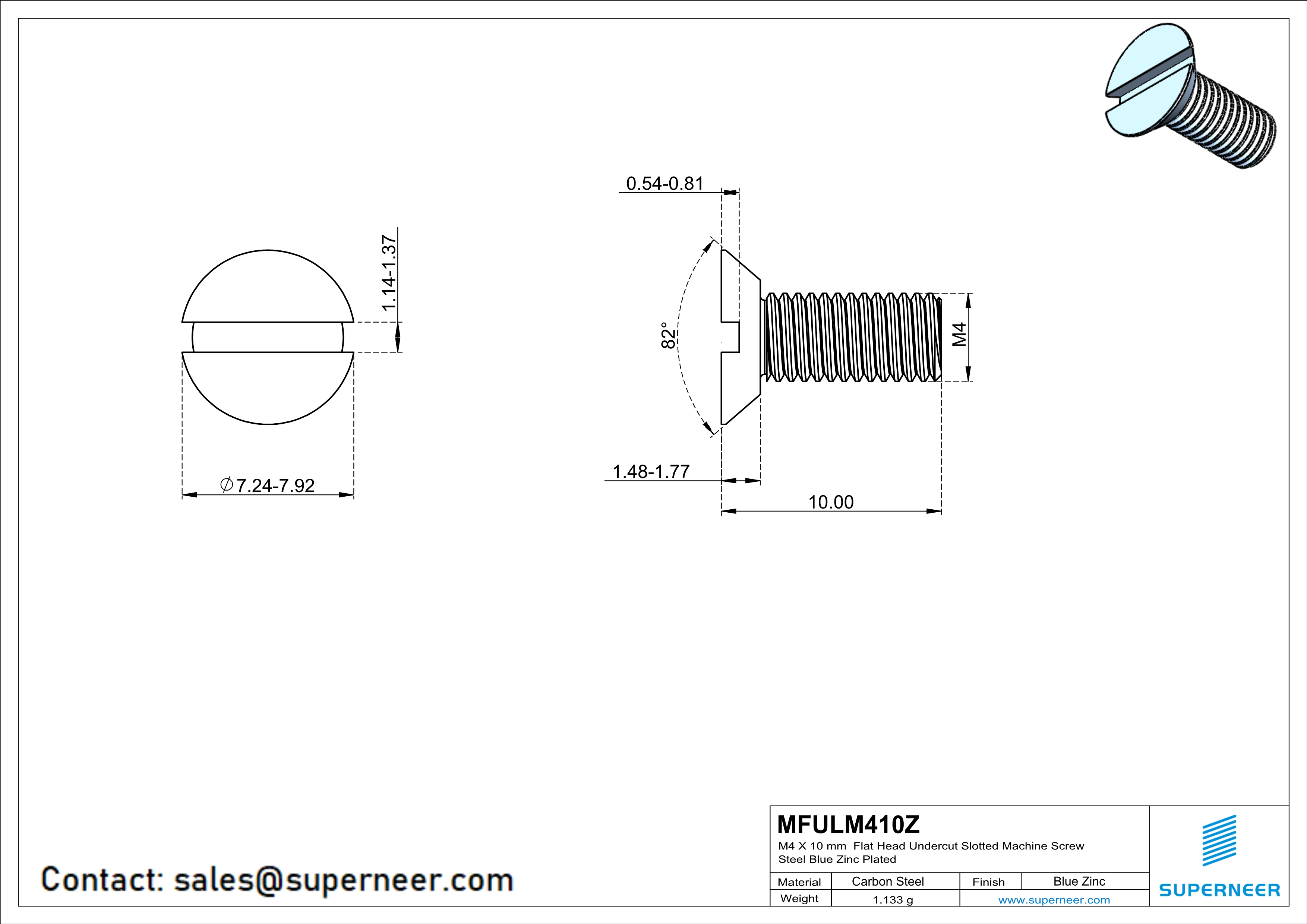 M4 x 10 mm Flat Head Undercut Slotted Machine Screw Steel Blue Zinc Plated