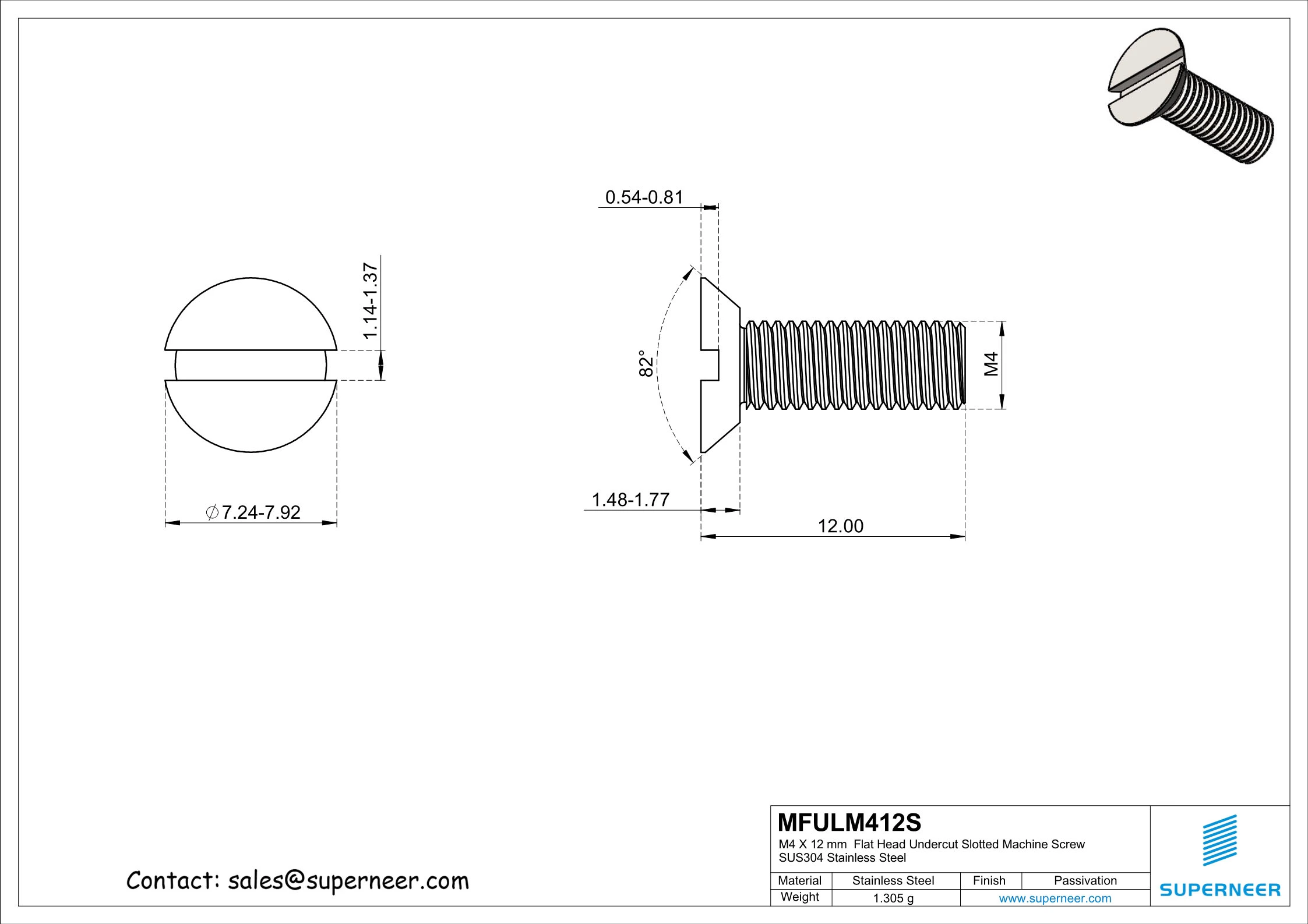 M4 x 12 mm  Flat Head Undercut Slotted Machine Screw SUS304 Stainless Steel Inox