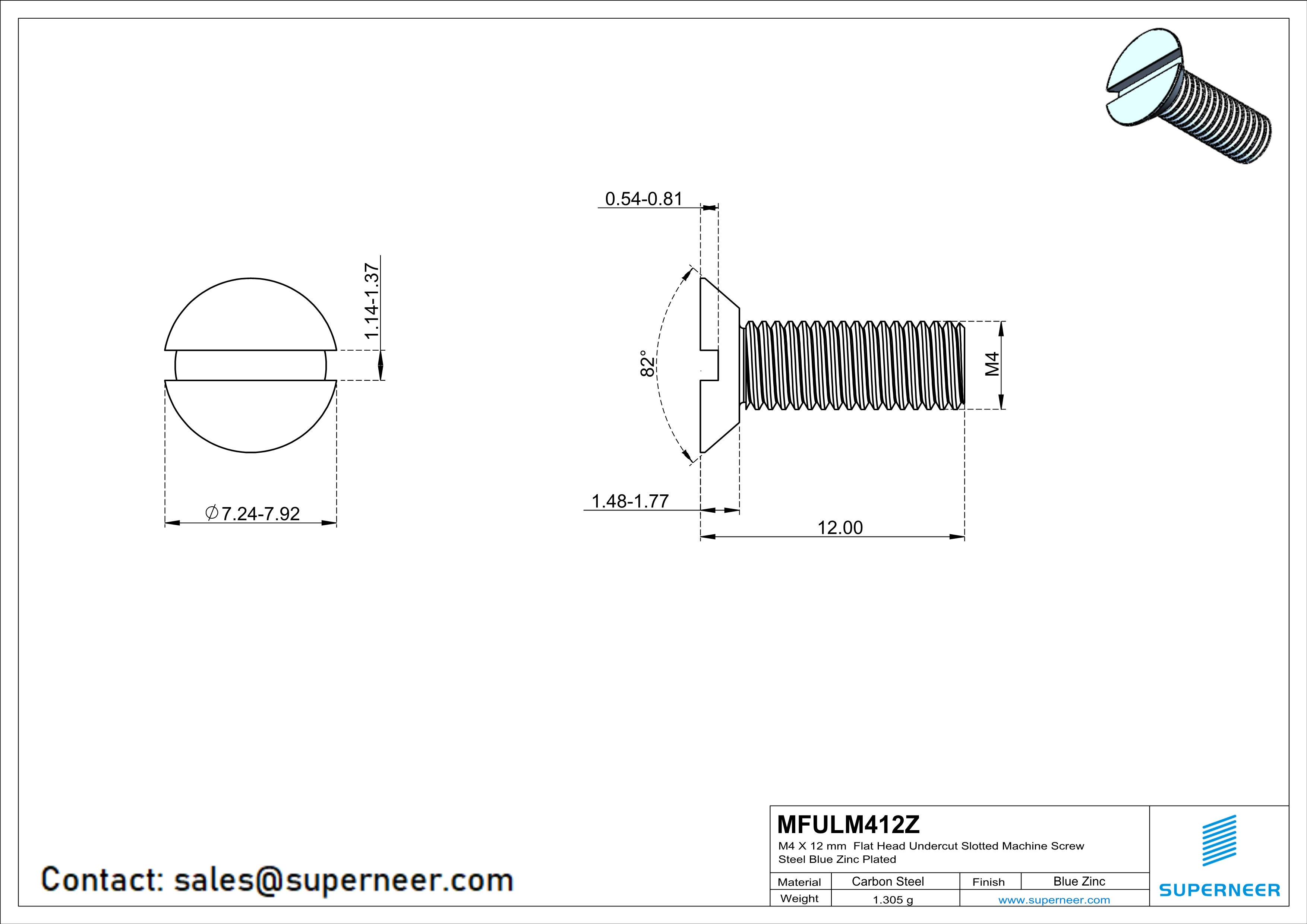 M4 x 12 mm Flat Head Undercut Slotted Machine Screw Steel Blue Zinc Plated