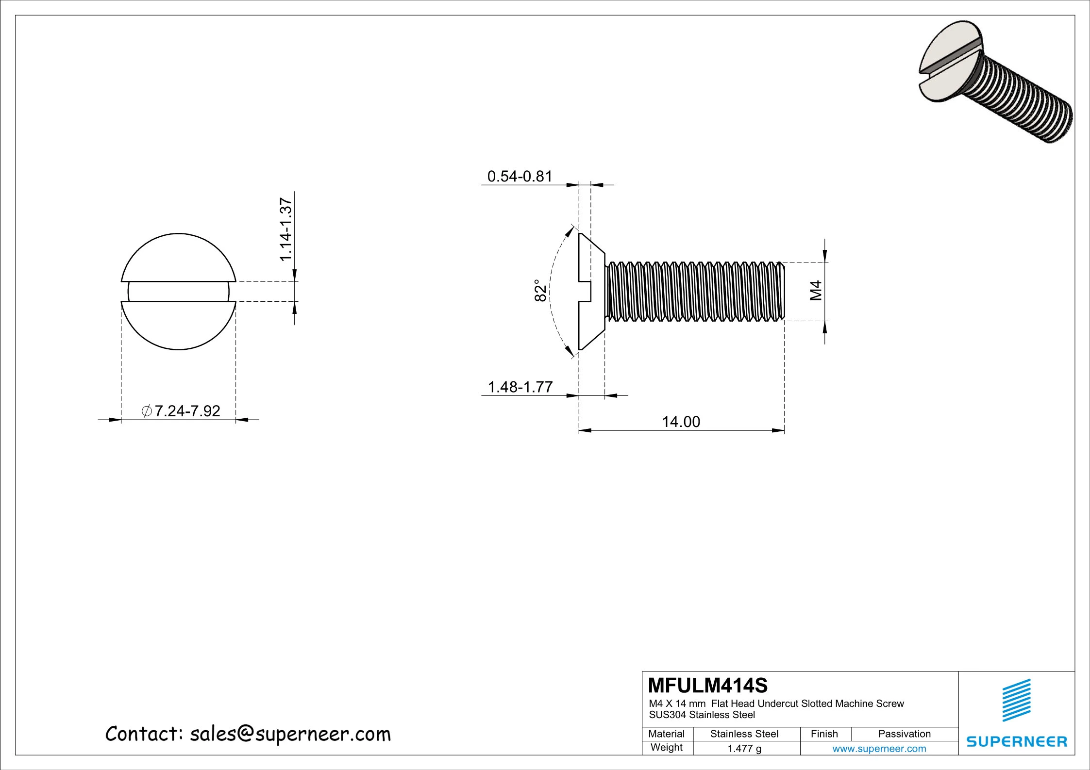 M4 x 14 mm  Flat Head Undercut Slotted Machine Screw SUS304 Stainless Steel Inox