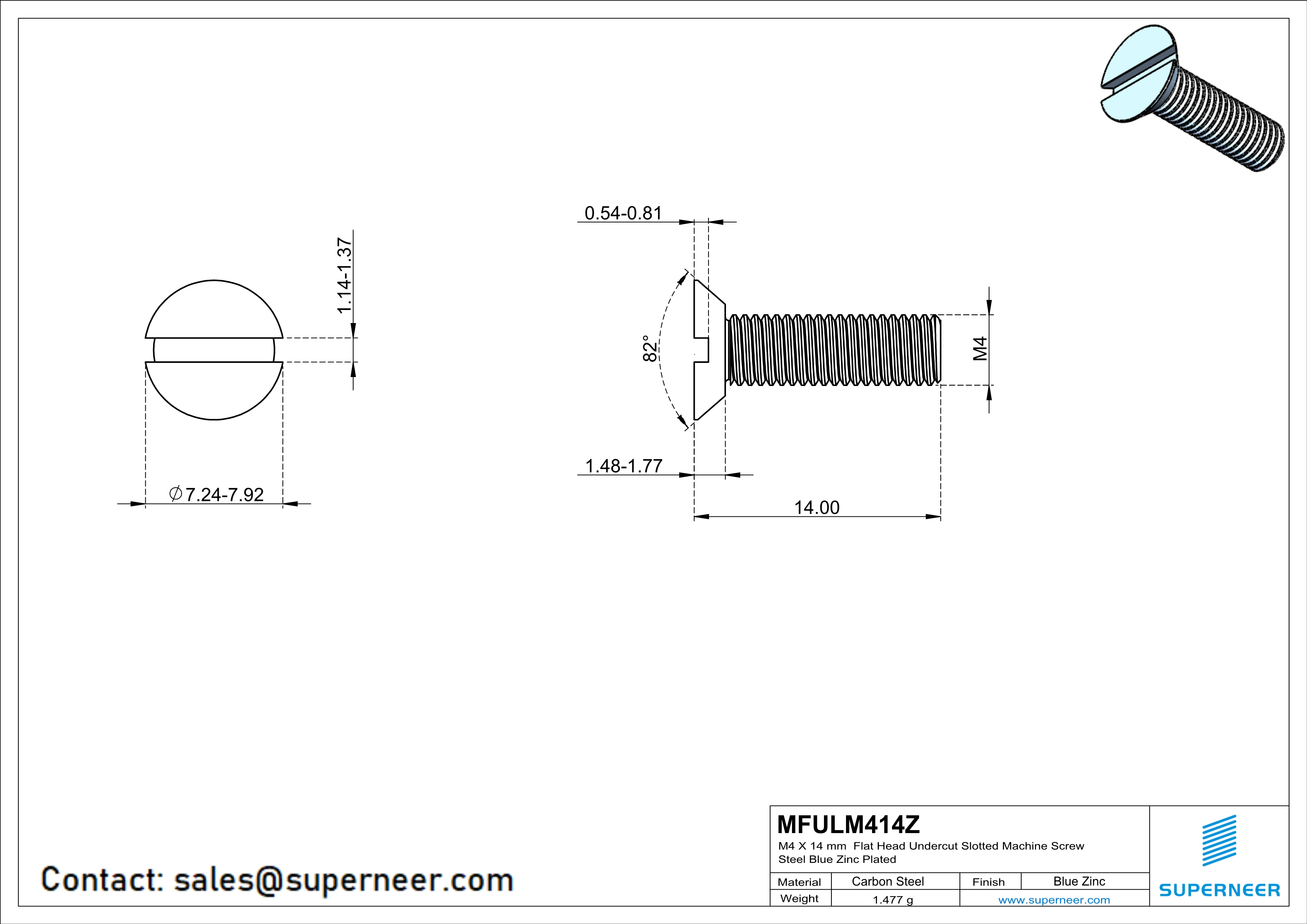 M4 x 14 mm Flat Head Undercut Slotted Machine Screw Steel Blue Zinc Plated