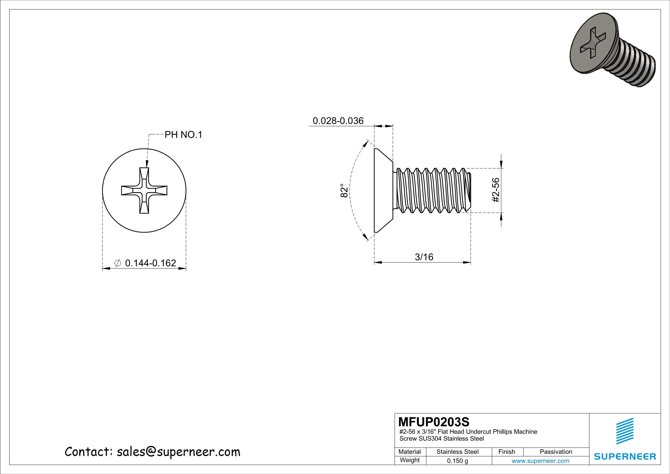 2-56 x 3/16" Flat Head Undercut Phillips Machine Screw SUS304 Stainless Steel Inox