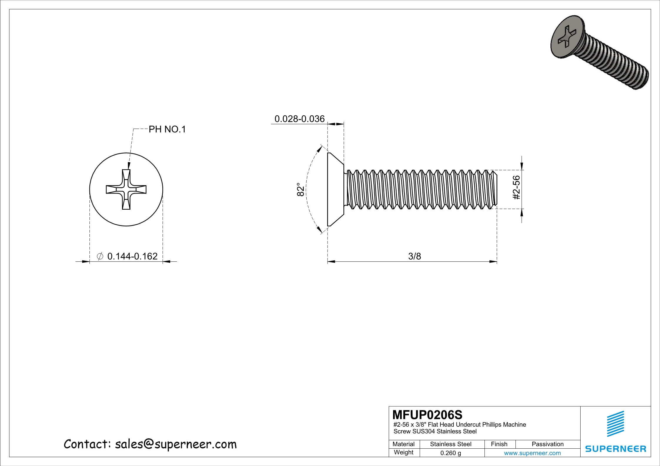 2-56 x 3/8" Flat Head Undercut Phillips Machine Screw SUS304 Stainless Steel Inox