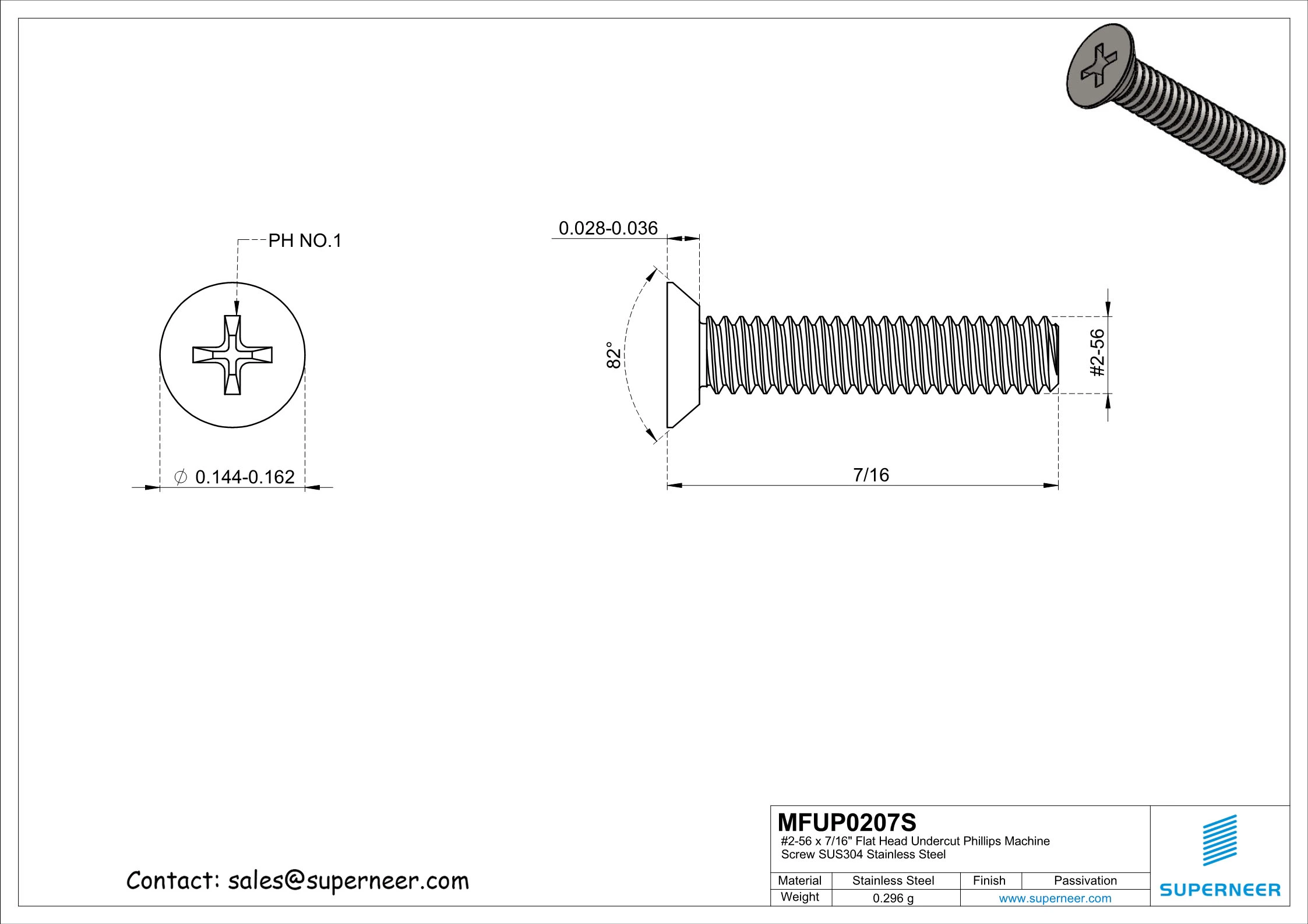 2-56 x 7/16"Flat Head Undercut Phillips Machine Screw SUS304 Stainless Steel Inox