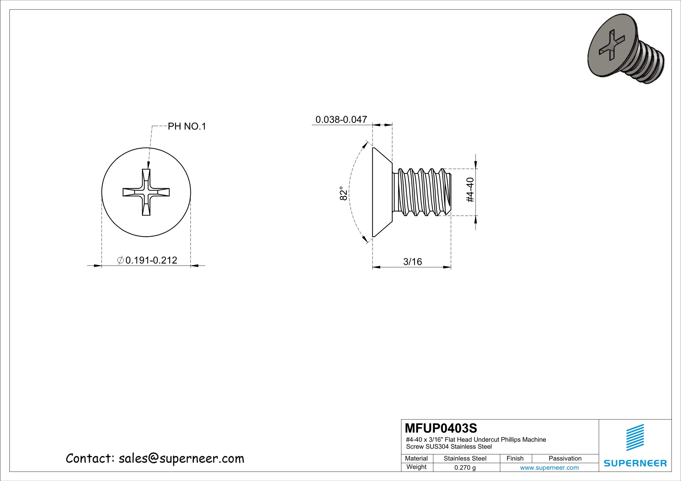 4-40 x 3/16" Flat Head Undercut Phillips Machine Screw SUS304 Stainless Steel Inox