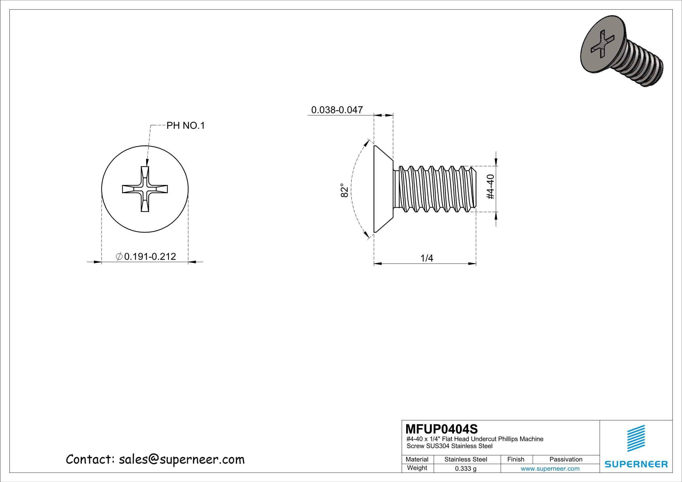 4-40 x 1/4" Flat Head Undercut Phillips Machine Screw SUS304 Stainless Steel Inox