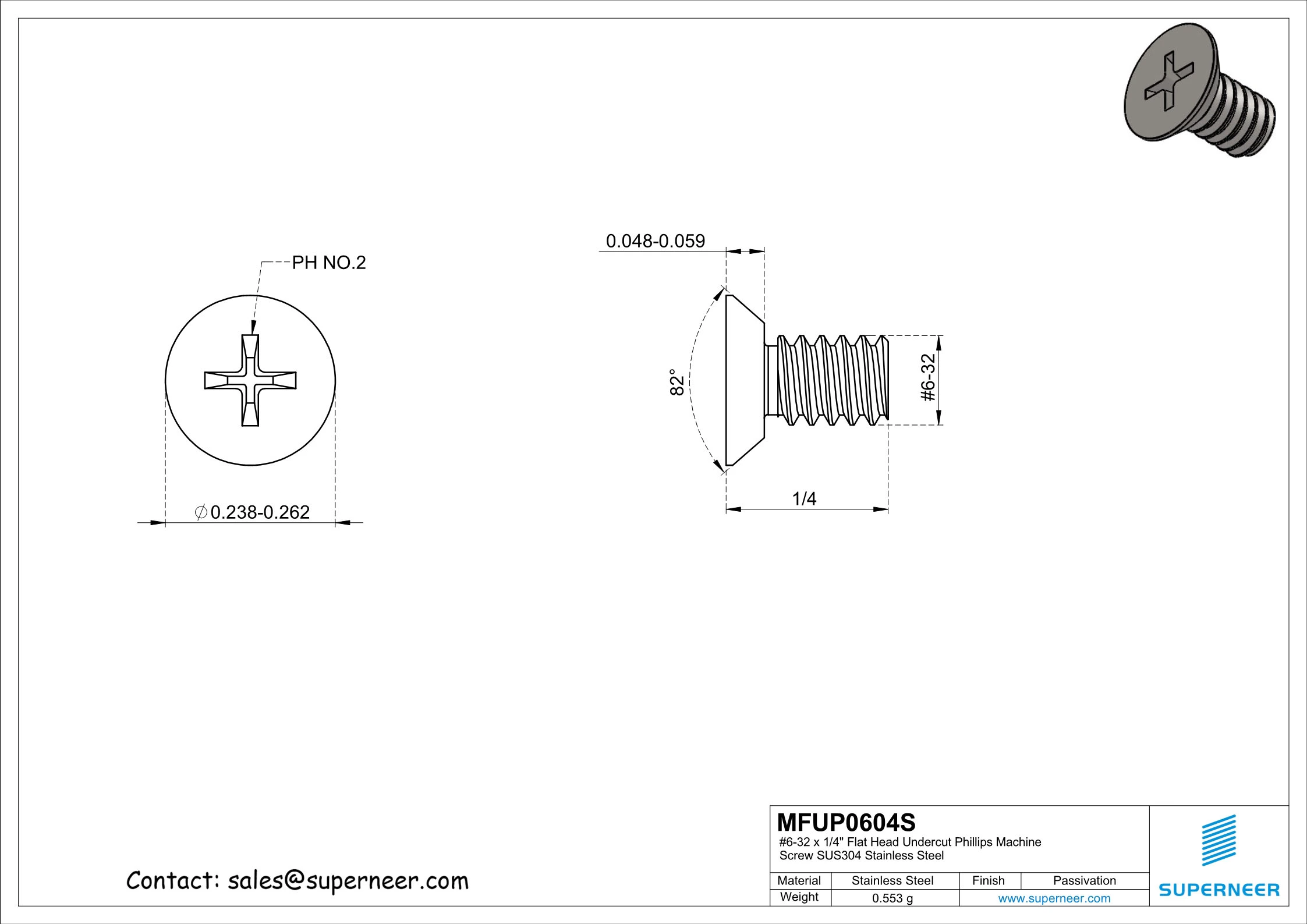 6-32 x 1/4" Flat Head Undercut Phillips Machine Screw SUS304 Stainless Steel Inox