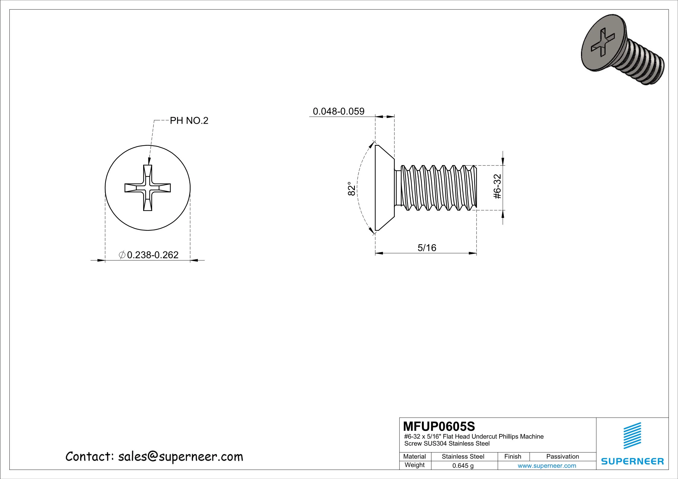 6-32 x 5/16" Flat Head Undercut Phillips Machine Screw SUS304 Stainless Steel Inox