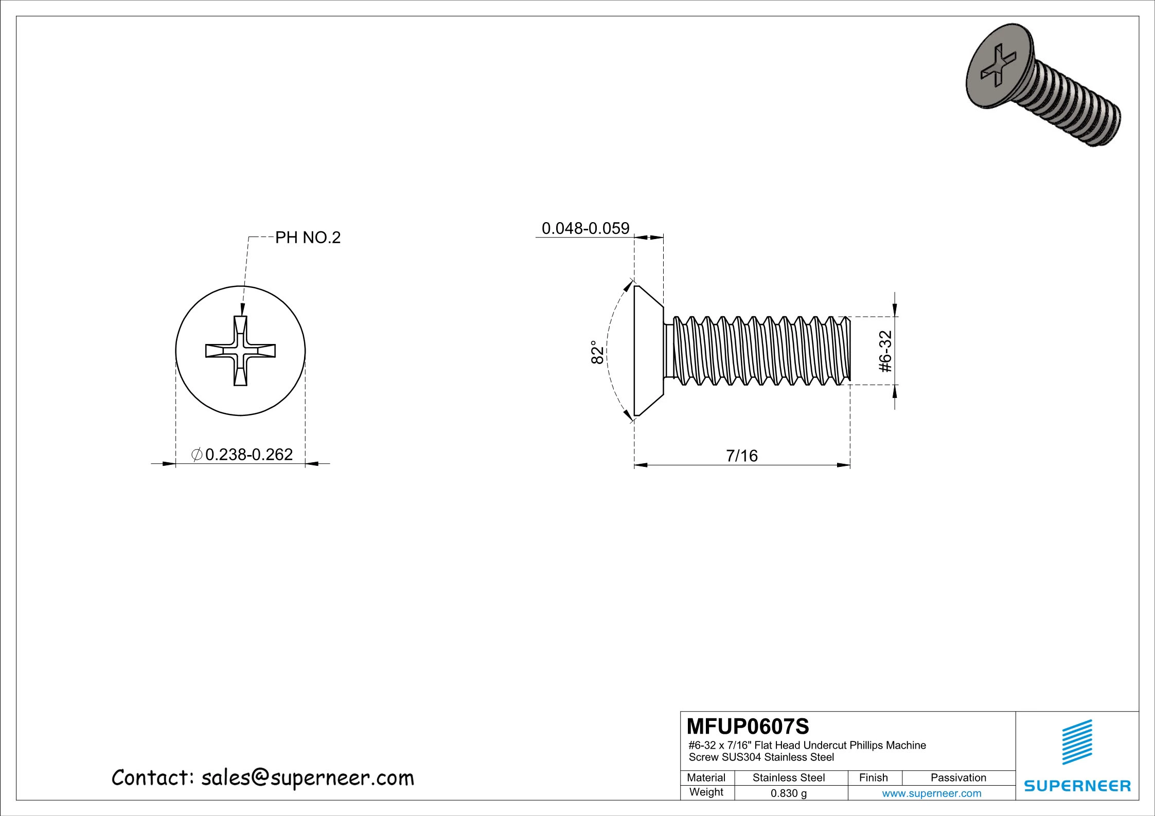 6-32 x 7/16" Flat Head Undercut Phillips Machine Screw SUS304 Stainless Steel Inox