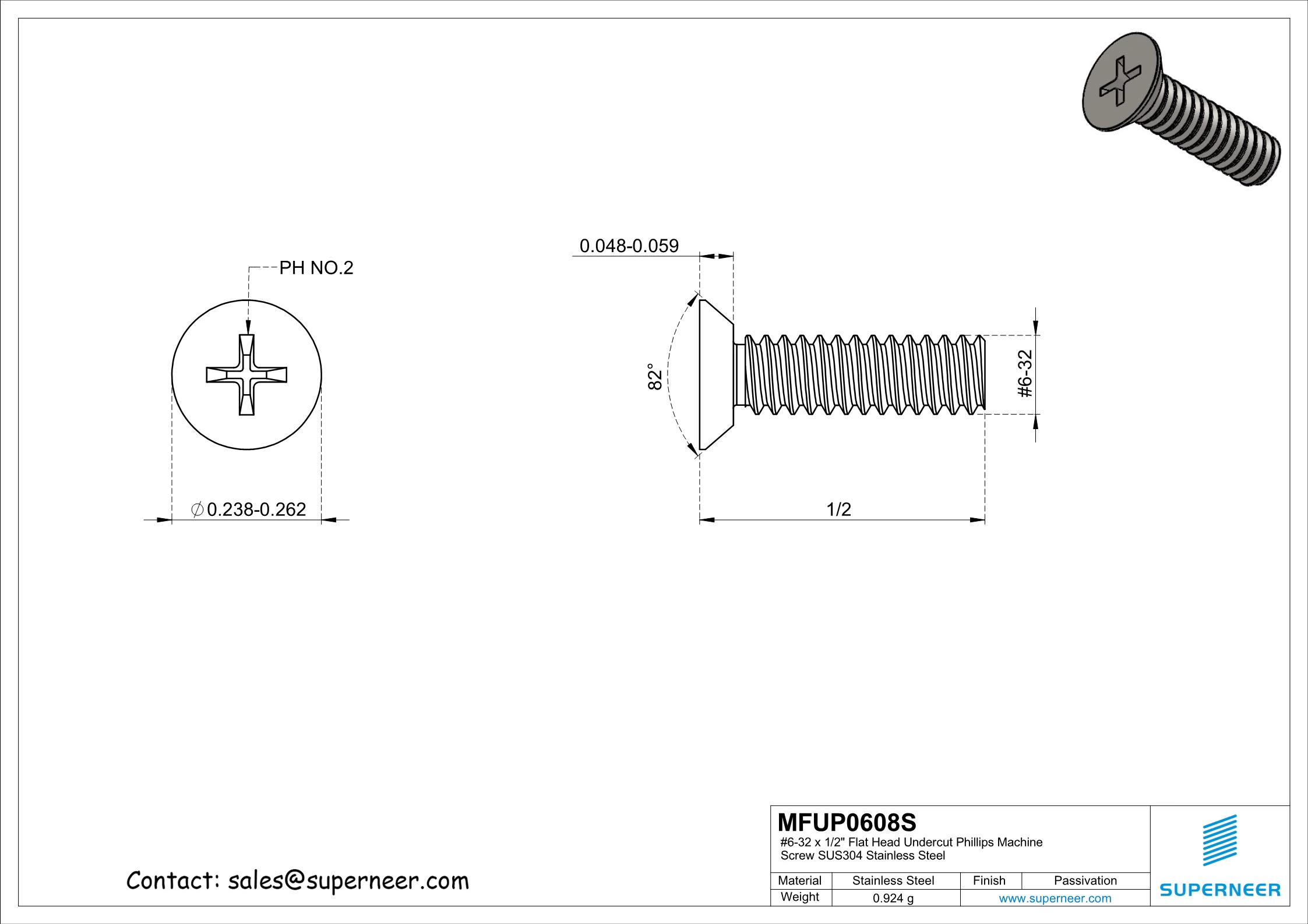 6-32 x 1/2" Flat Head Undercut Phillips Machine Screw SUS304 Stainless Steel Inox