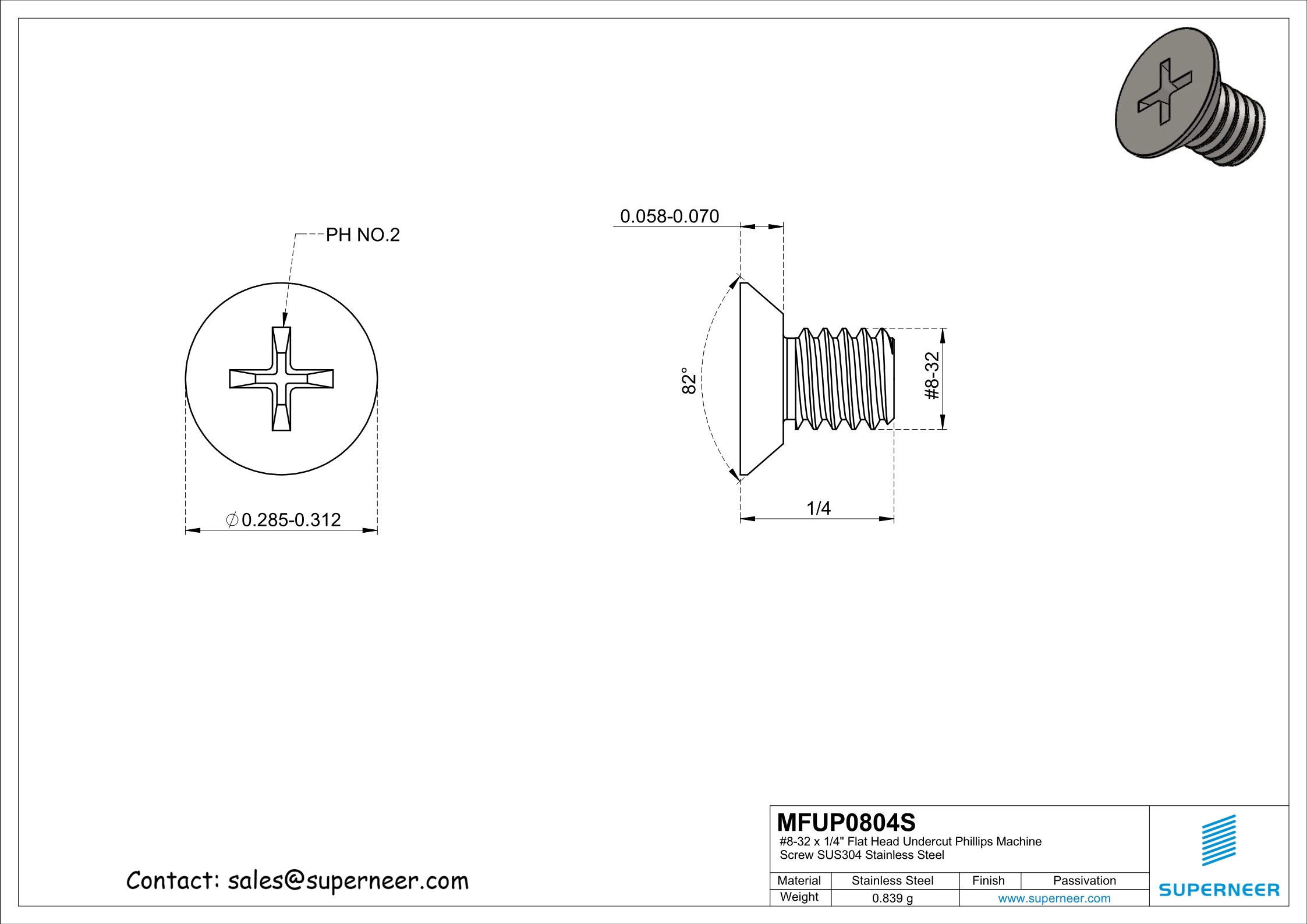 8-32 x 1/4" Flat Head Undercut Phillips Machine Screw SUS304 Stainless Steel Inox