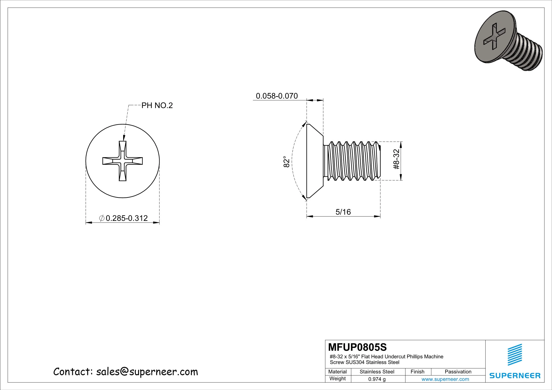 8-32 x 5/16" Flat Head Undercut Phillips Machine Screw SUS304 Stainless Steel Inox