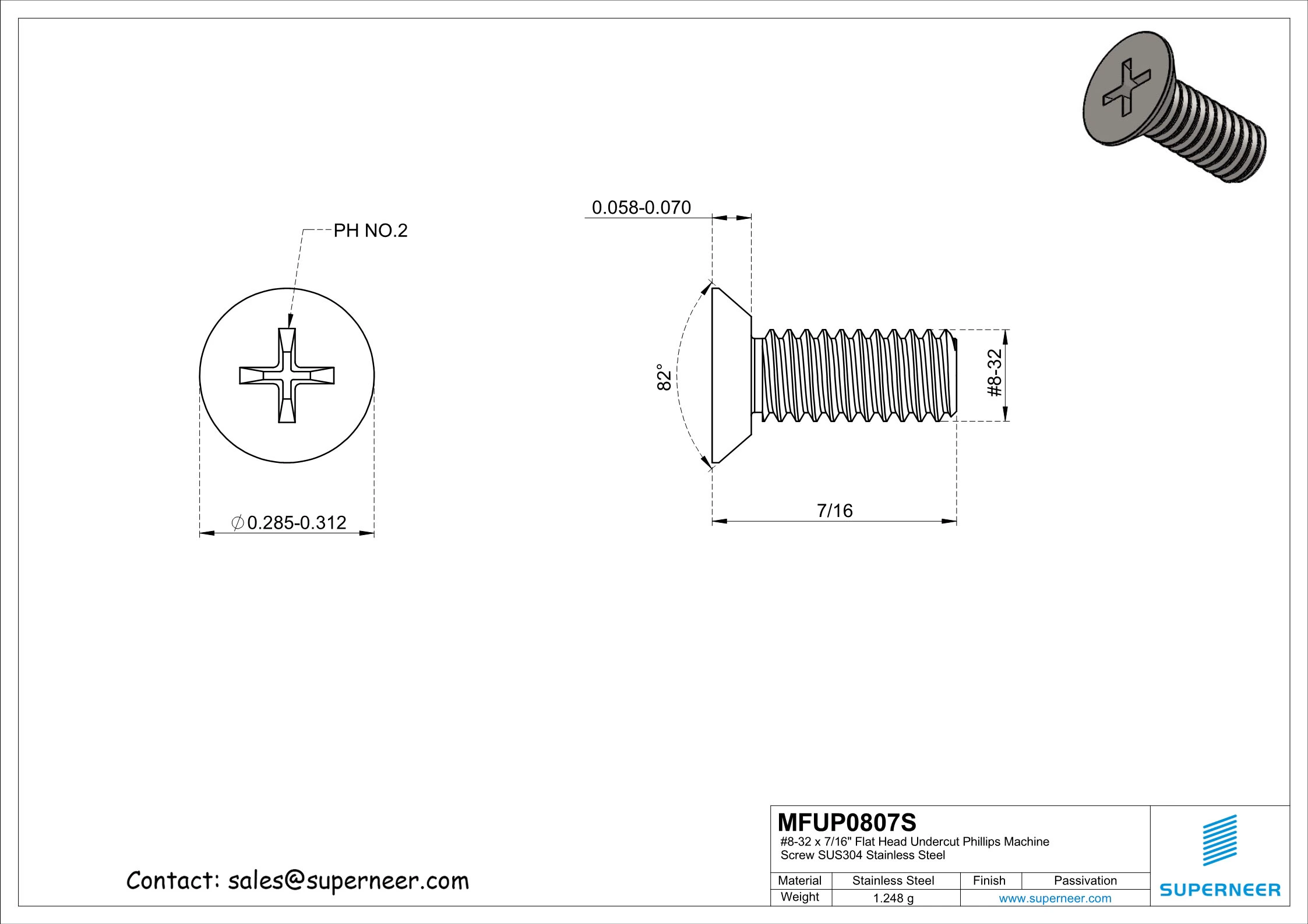 8-32 x 7/16" Flat Head Undercut Phillips Machine Screw SUS304 Stainless Steel Inox