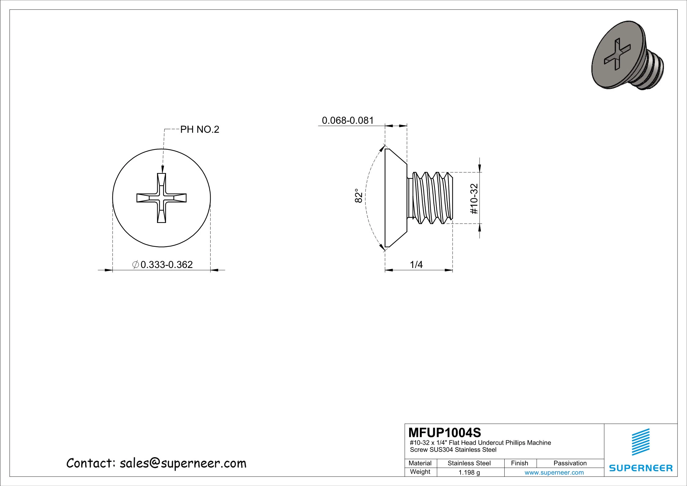 10-32 x 1/4" Flat Head Undercut Phillips Machine Screw SUS304 Stainless Steel Inox