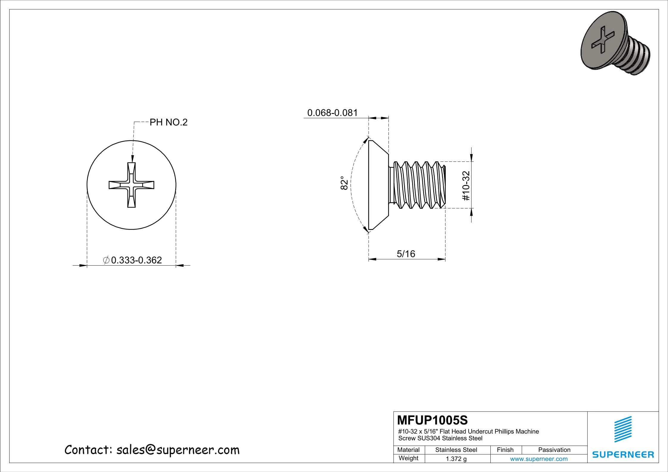 10-32 x 5/16" Flat Head Undercut Phillips Machine Screw SUS304 Stainless Steel Inox