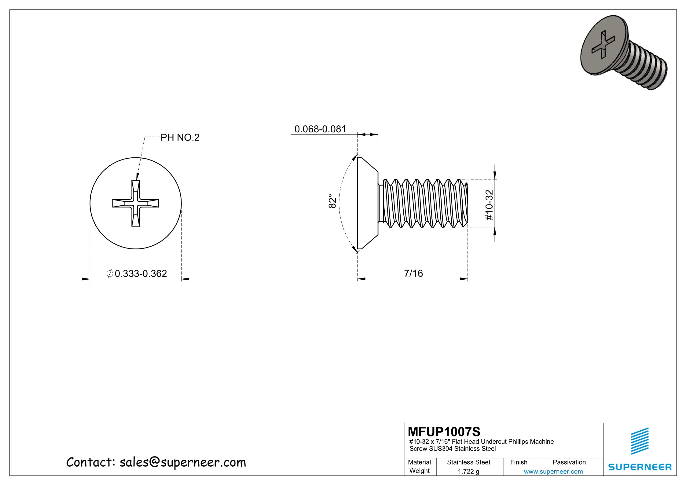 10-32 x 7/16" Flat Head Undercut Phillips Machine Screw SUS304 Stainless Steel Inox