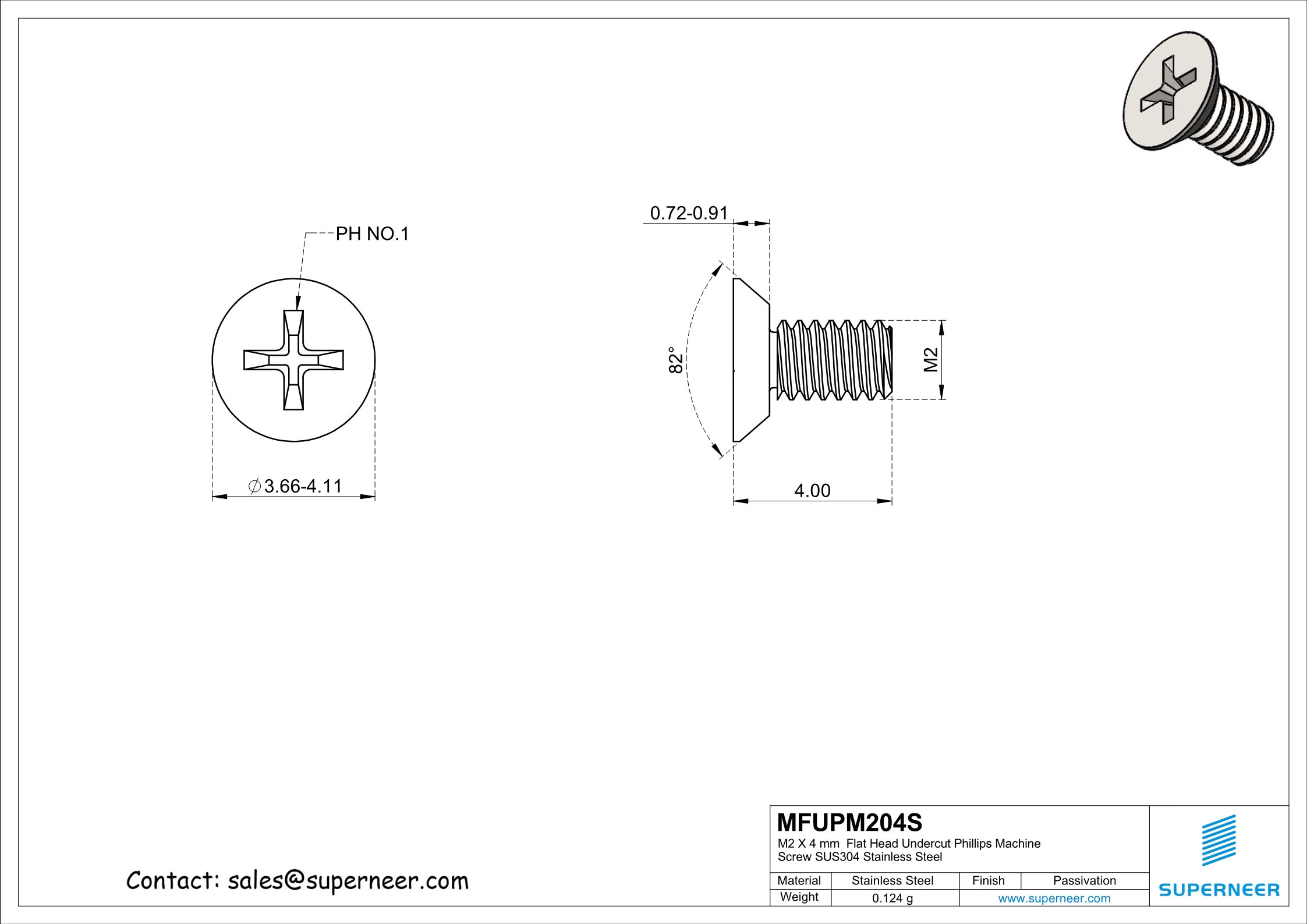 M2 x 4 mm  Flat Head Undercut Phillips Machine Screw SUS304 Stainless Steel Inox