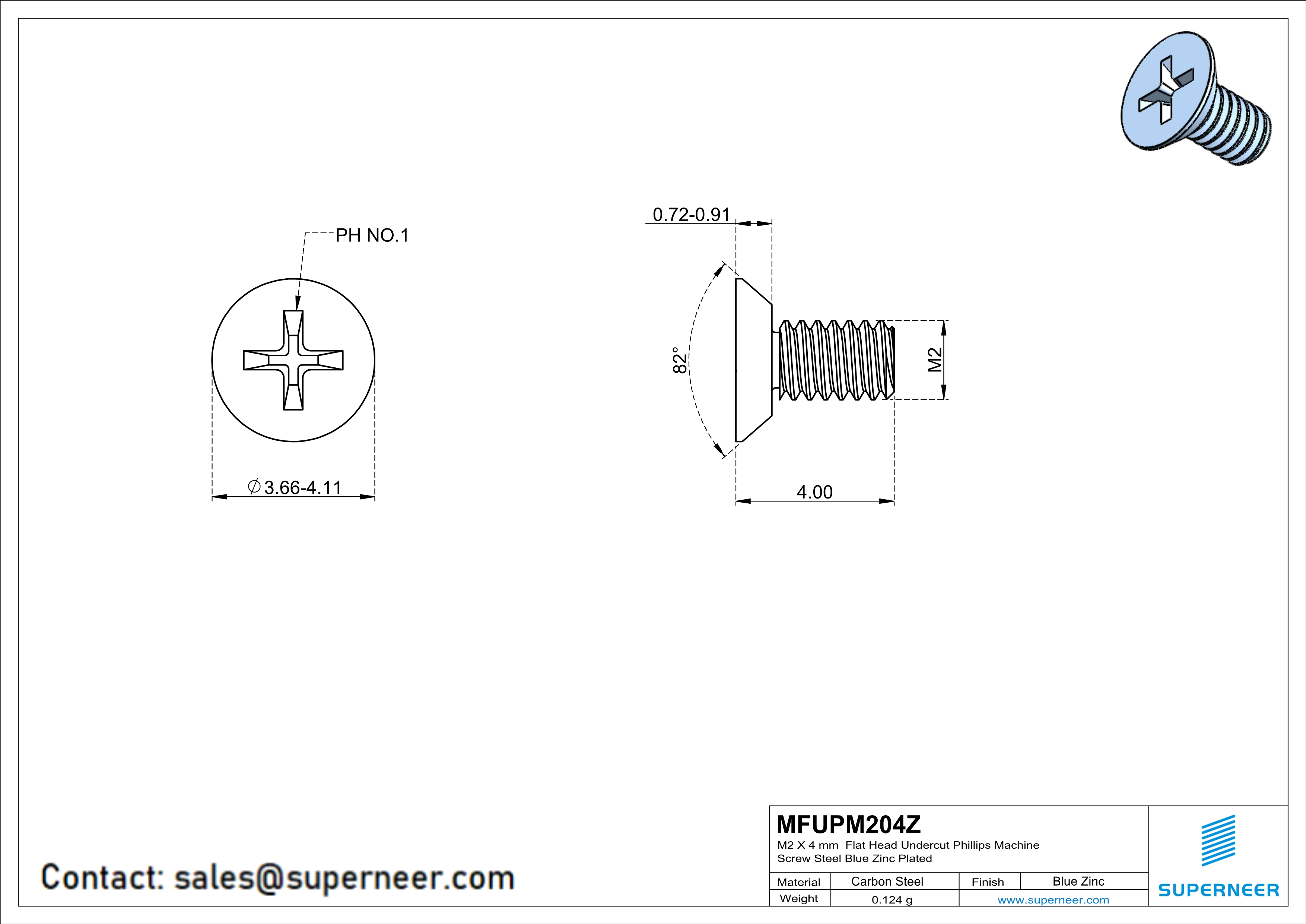 M2 x 4 mm Flat Head Undercut Phillips Machine Screw Steel Blue Zinc Plated