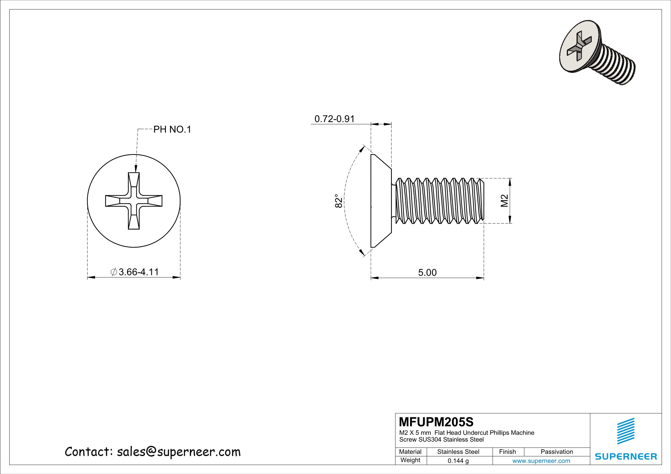 M2 x 5 mm  Flat Head Undercut Phillips Machine Screw SUS304 Stainless Steel Inox