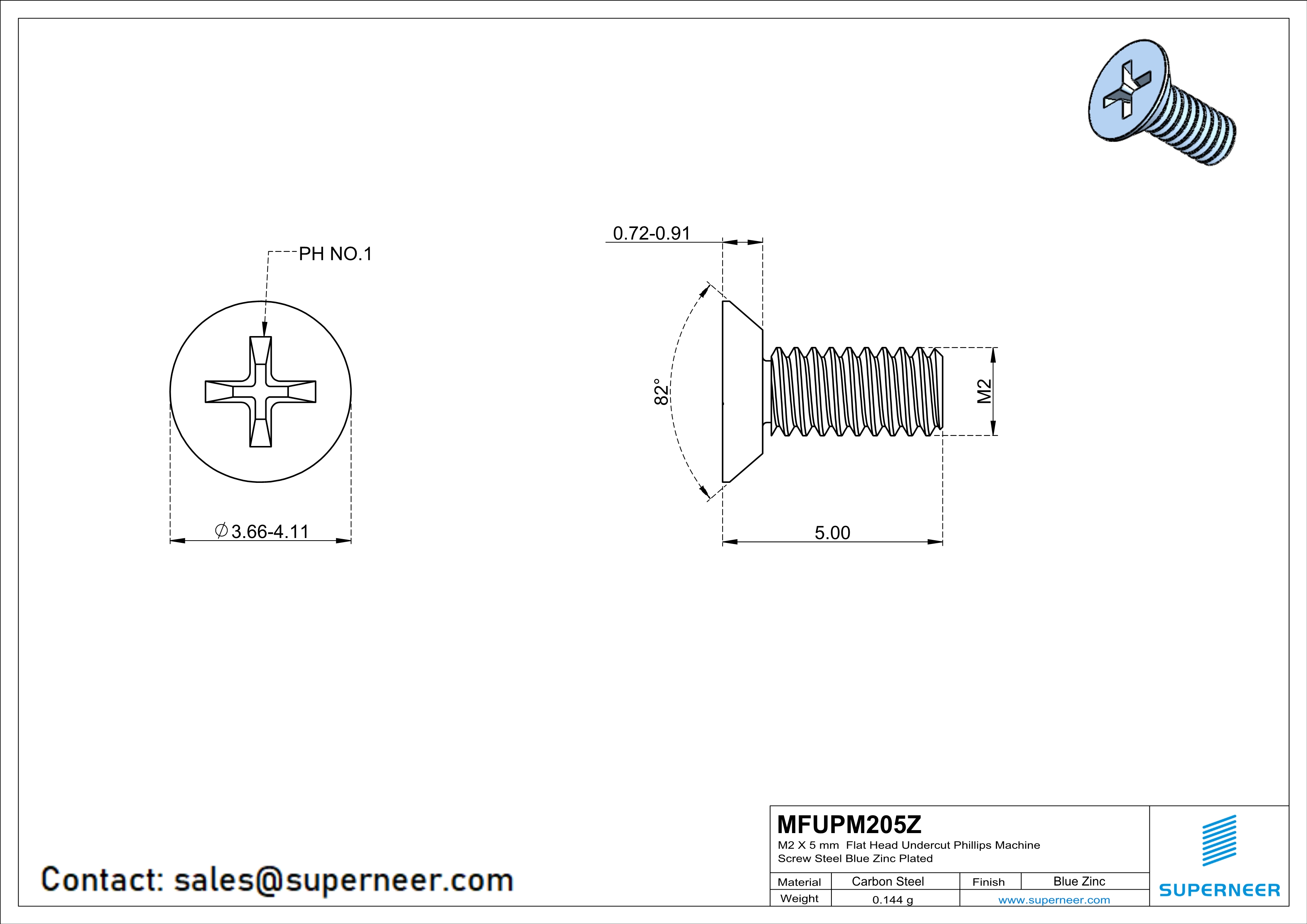 M2 x 5 mm Flat Head Undercut Phillips Machine Screw Steel Blue Zinc Plated