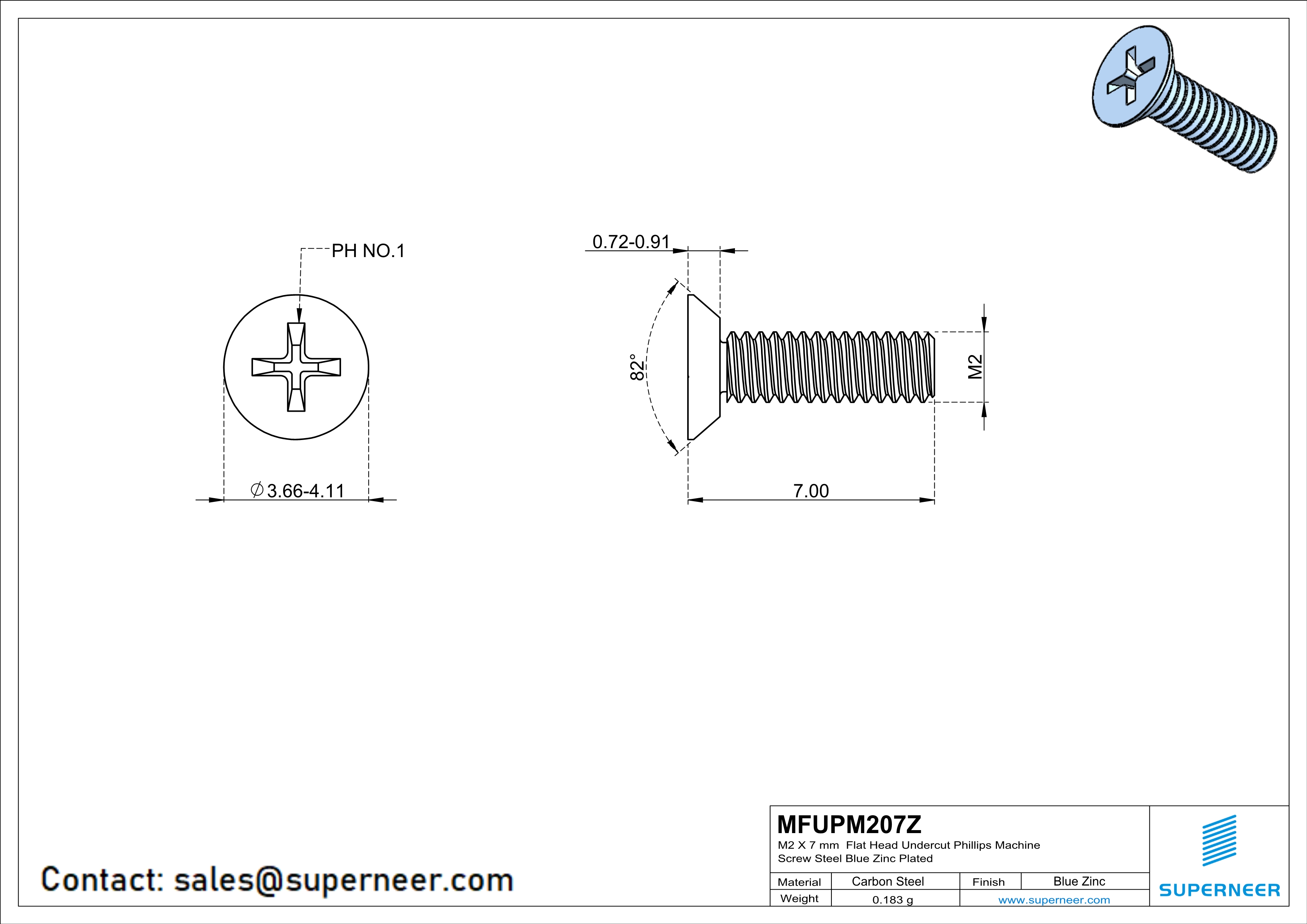 M2 x 7 mm Flat Head Undercut Phillips Machine Screw Steel Blue Zinc Plated