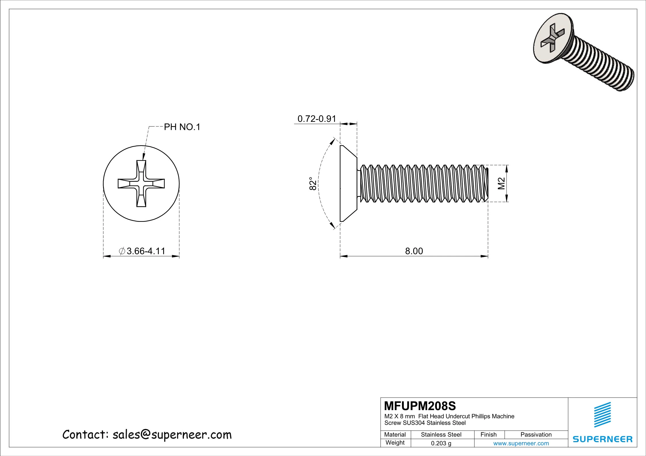 M2 x 8 mm  Flat Head Undercut Phillips Machine Screw SUS304 Stainless Steel Inox