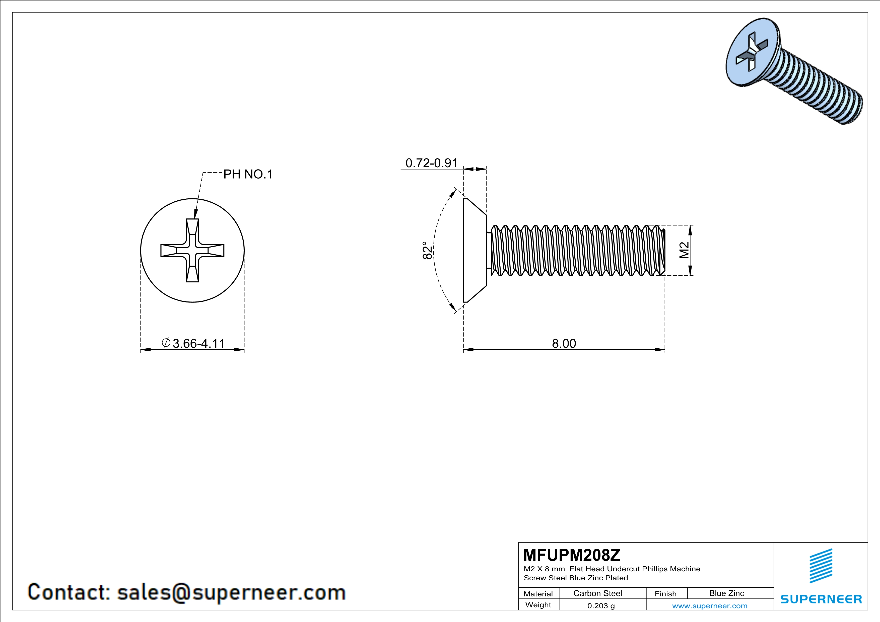 M2 x 8 mm Flat Head Undercut Phillips Machine Screw Steel Blue Zinc Plated