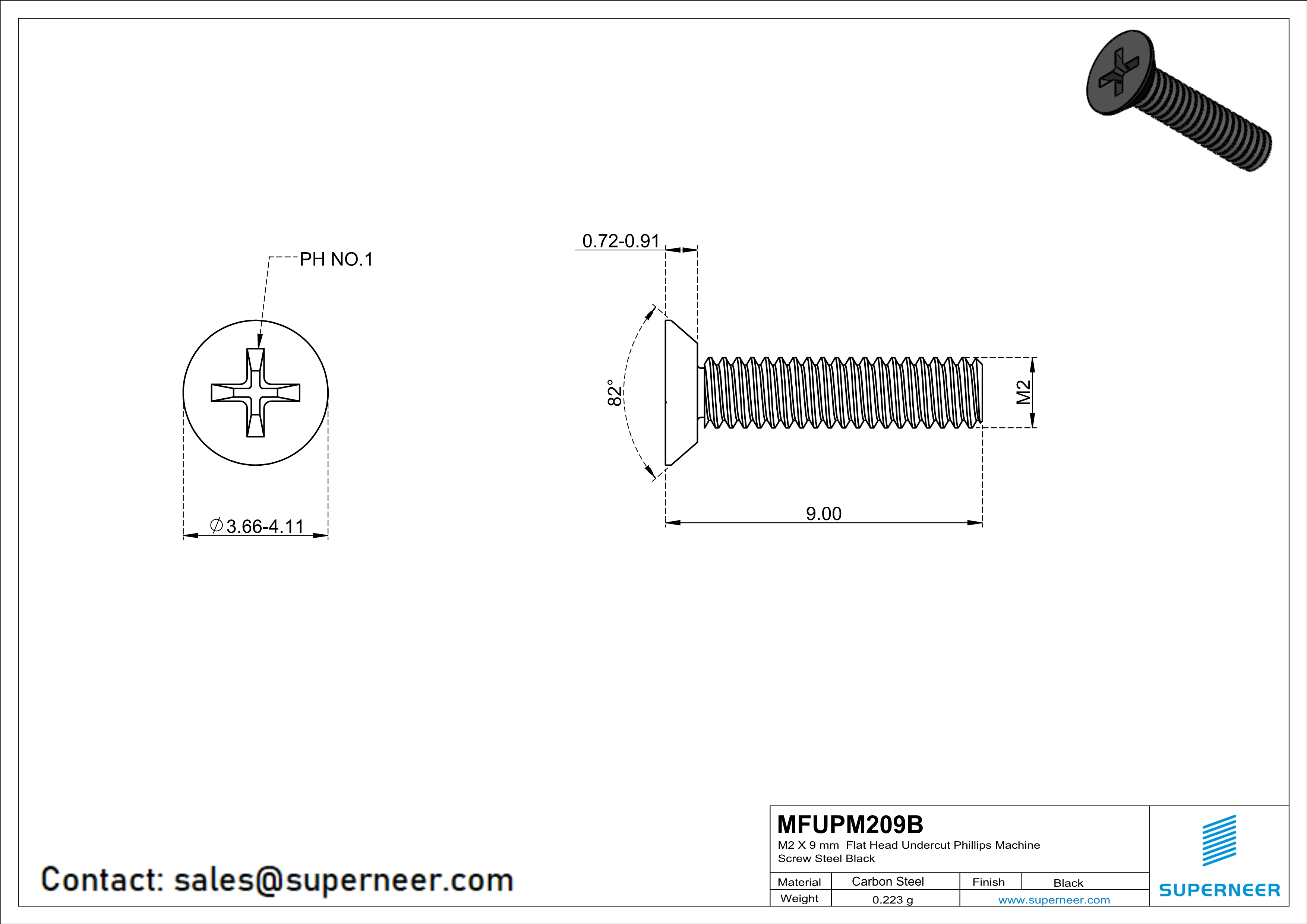 M2 x 9 mm Flat Head Undercut Phillips Machine Screw Steel Black