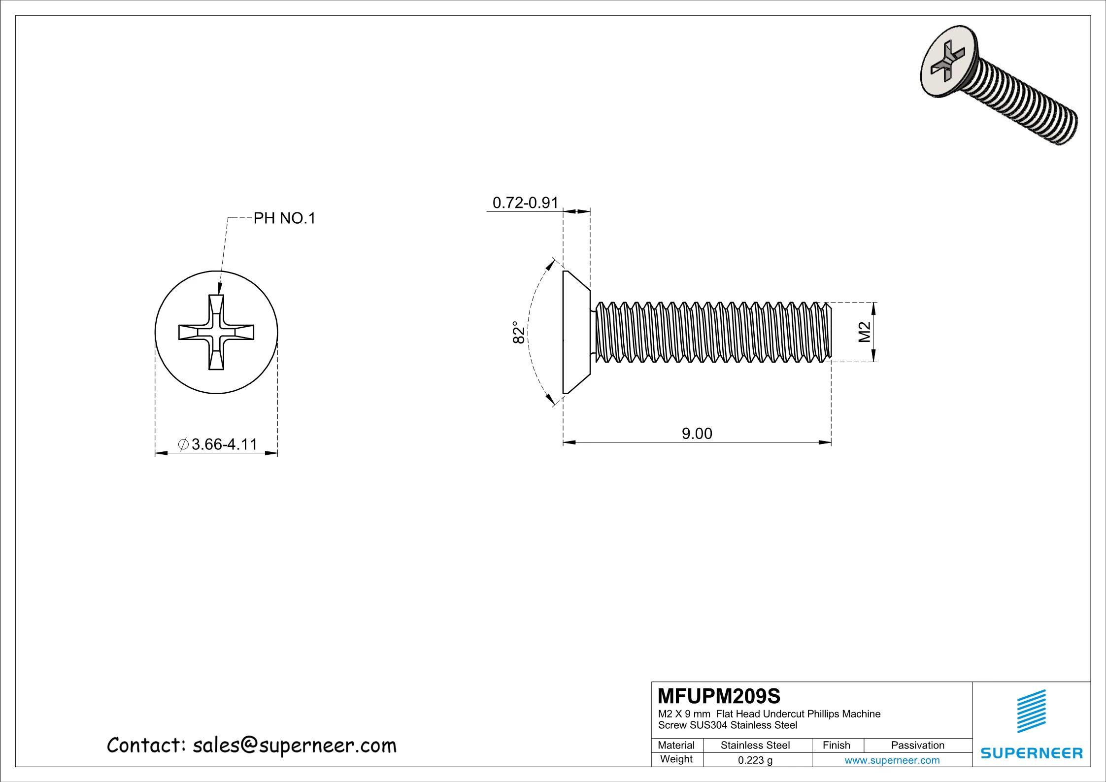 M2 x 9 mm  Flat Head Undercut Phillips Machine Screw SUS304 Stainless Steel Inox