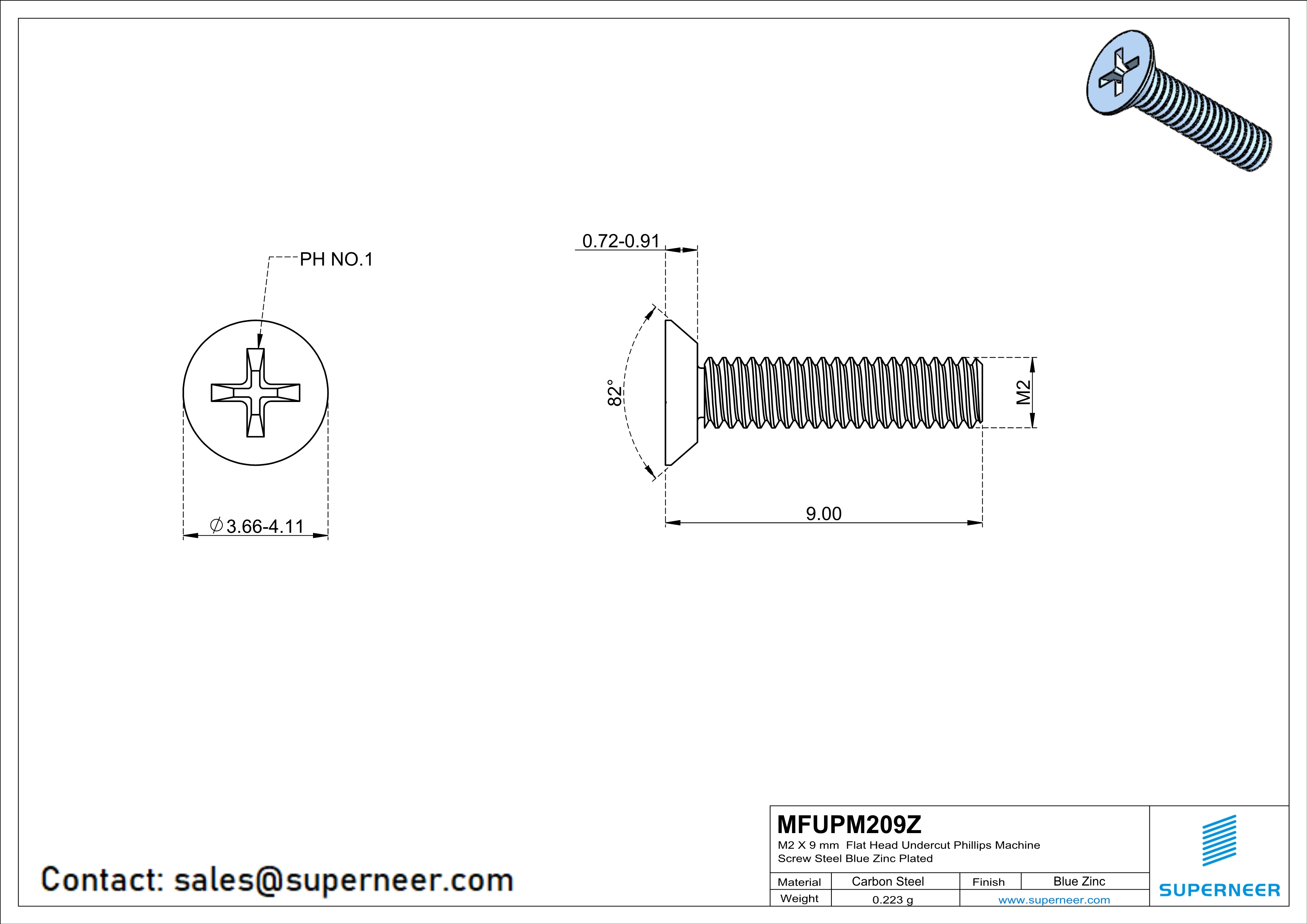 M2 x 9 mm Flat Head Undercut Phillips Machine Screw Steel Blue Zinc Plated