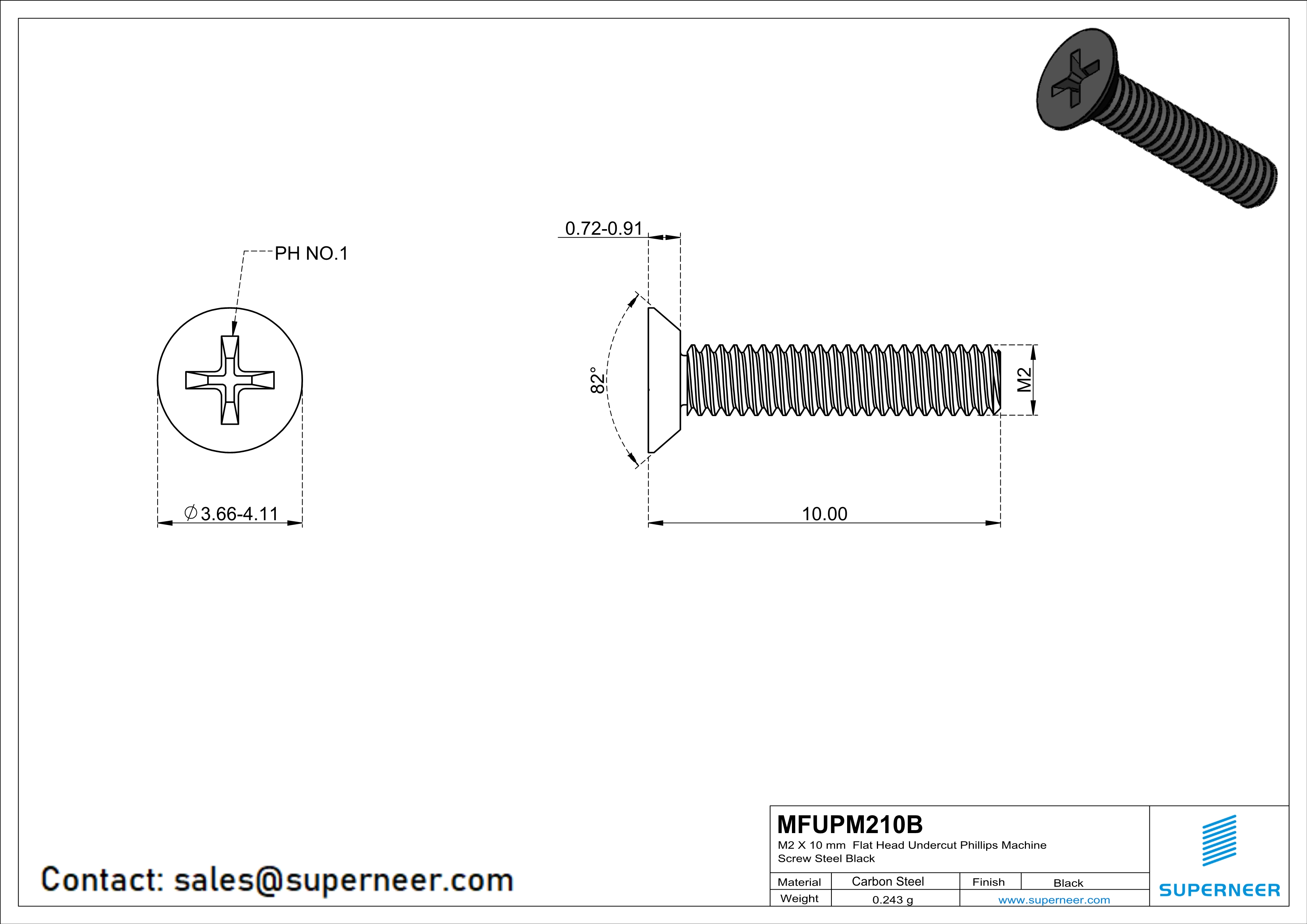 M2 x 10 mm Flat Head Undercut Phillips Machine Screw Steel Black