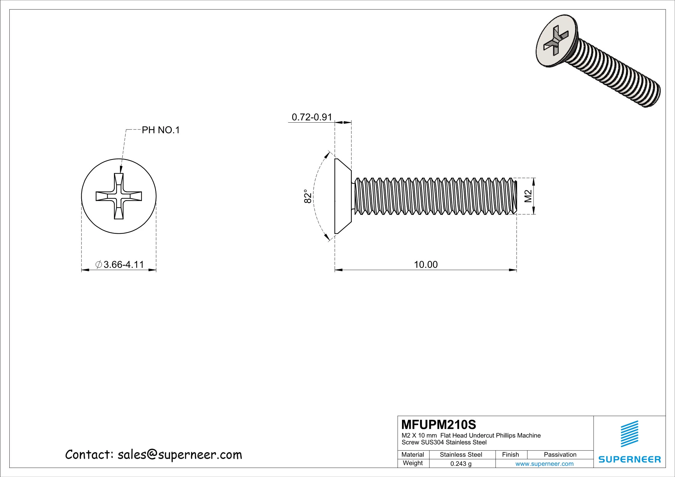 M2 x 10 mm  Flat Head Undercut Phillips Machine Screw SUS304 Stainless Steel Inox