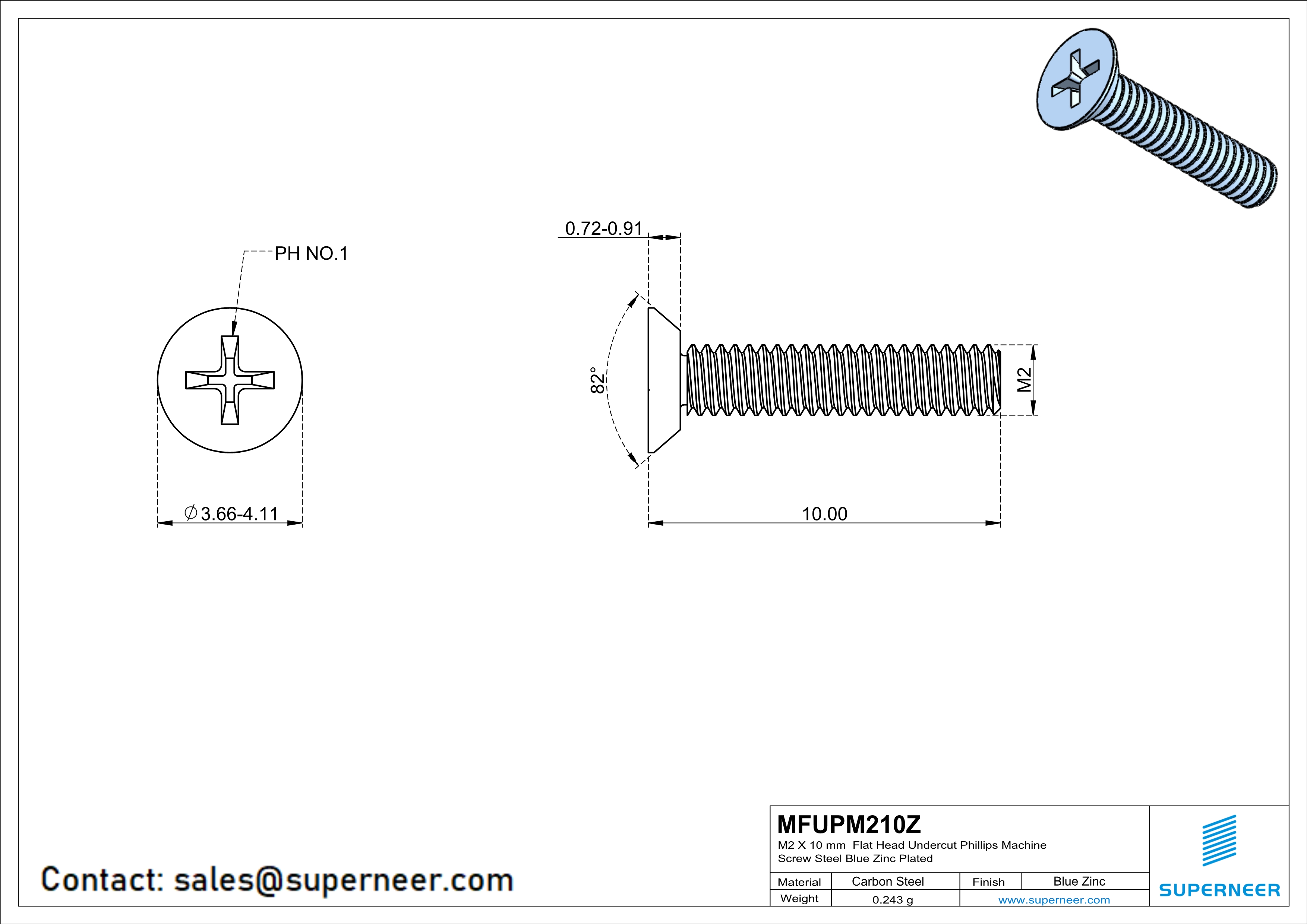 M2 x 10 mm Flat Head Undercut Phillips Machine Screw Steel Blue Zinc Plated