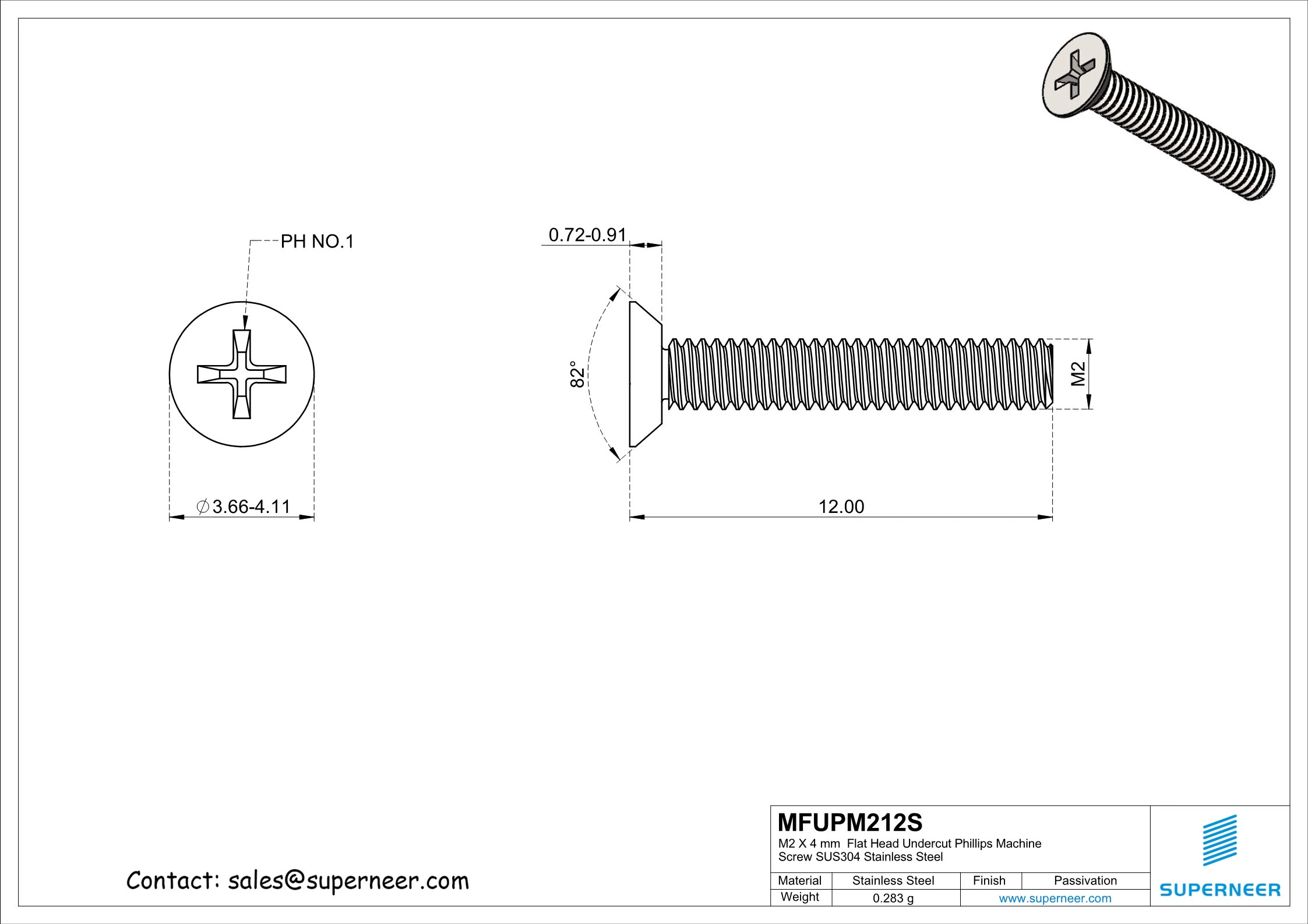 M2 x 12 mm  Flat Head Undercut Phillips Machine Screw SUS304 Stainless Steel Inox