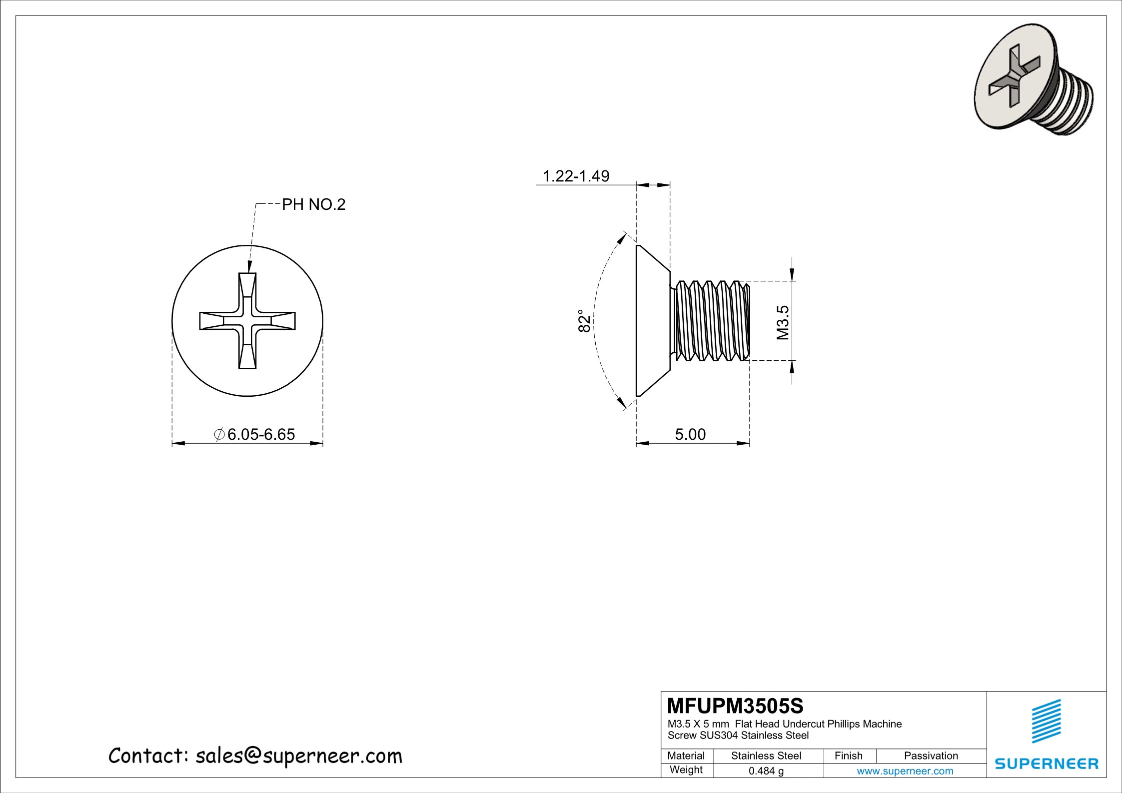 M3 x 5 mm  Flat Head Undercut Phillips Machine Screw SUS304 Stainless Steel Inox