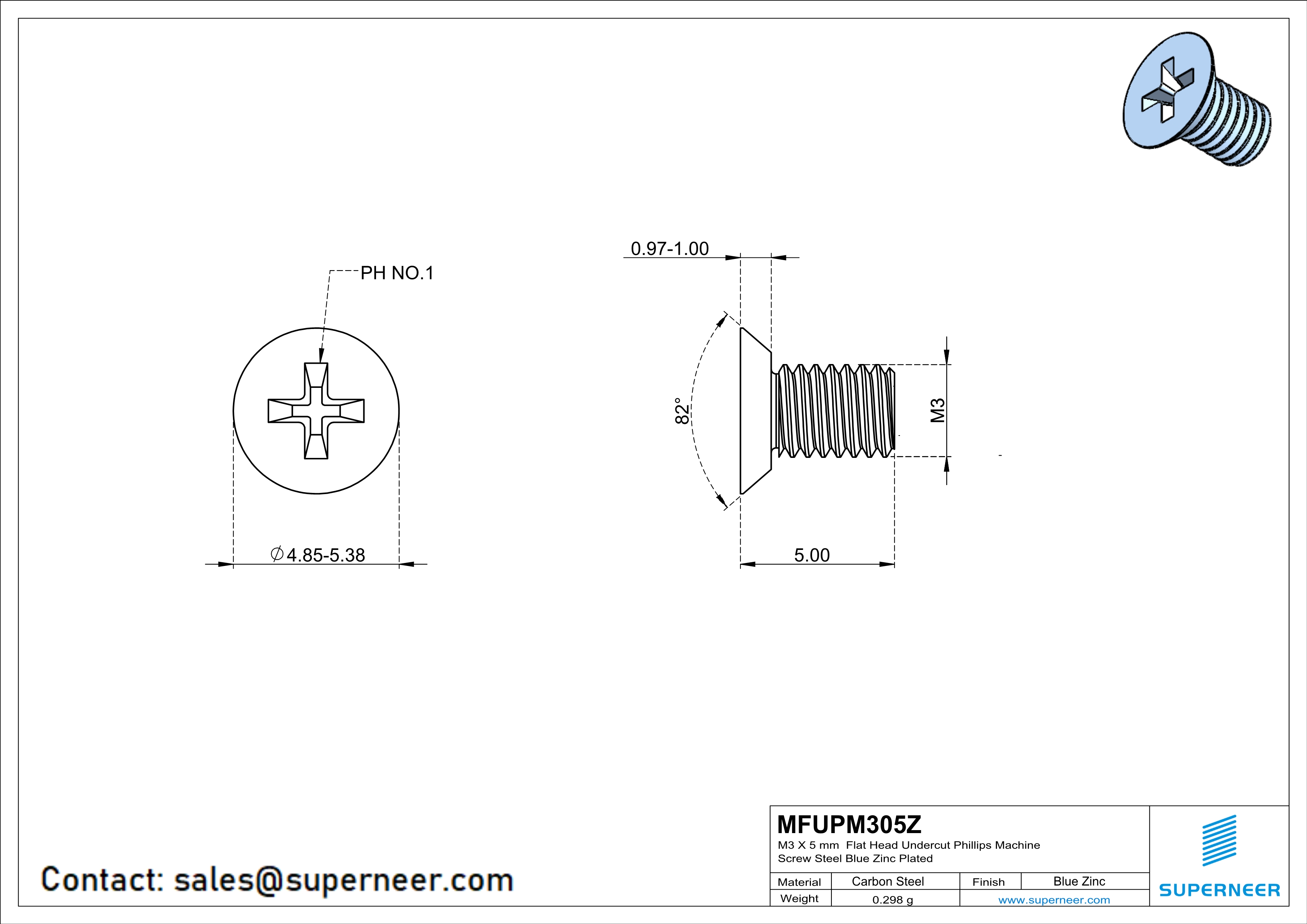 M3 x 5 mm Flat Head Undercut Phillips Machine Screw Steel Blue Zinc Plated