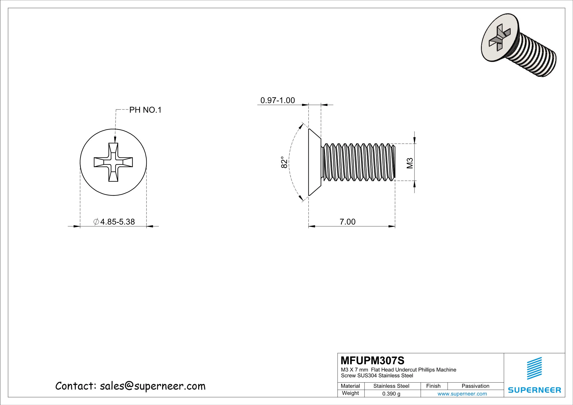 M3 x 7 mm  Flat Head Undercut Phillips Machine Screw SUS304 Stainless Steel Inox