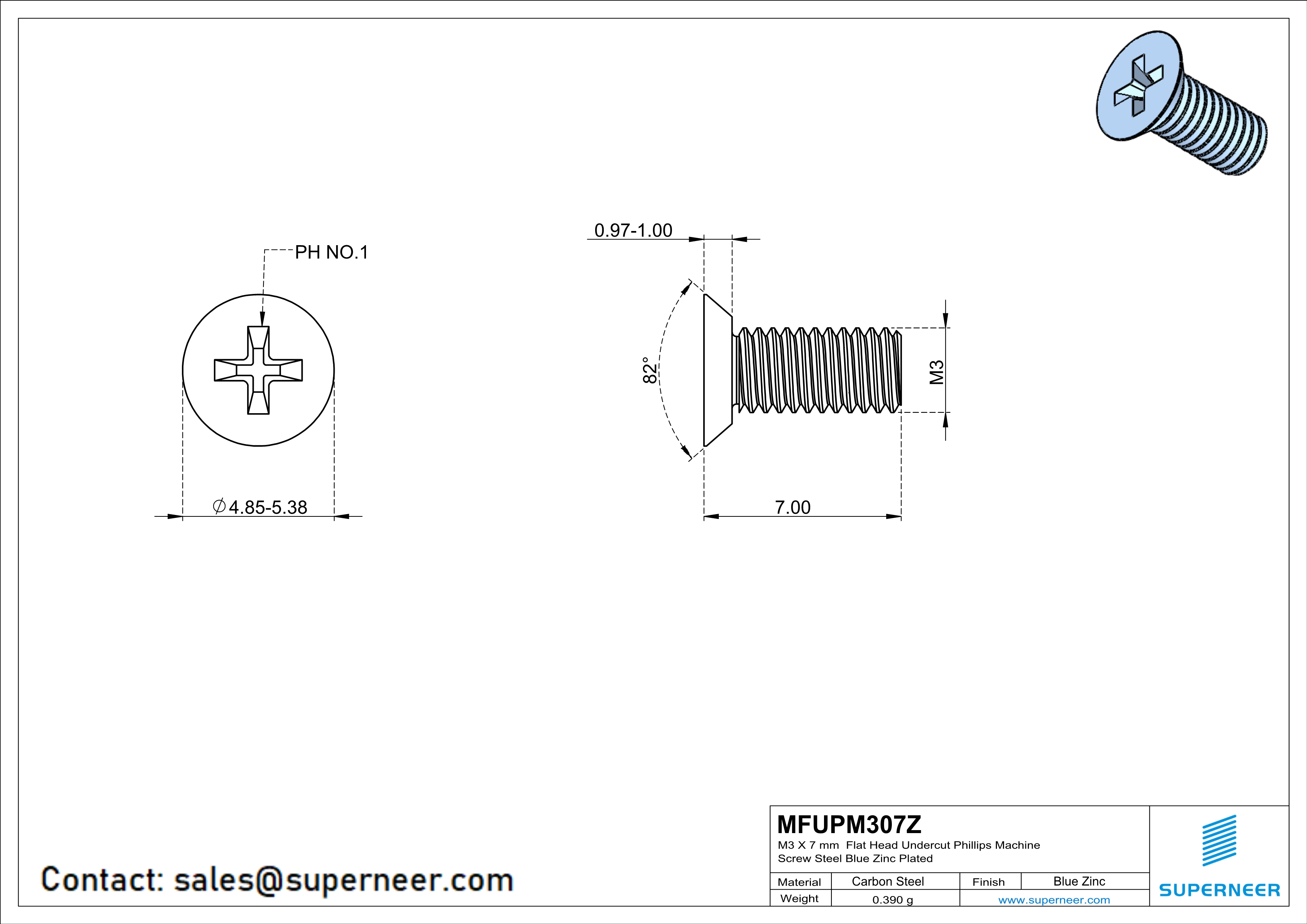 M3 x 7 mm Flat Head Undercut Phillips Machine Screw Steel Blue Zinc Plated