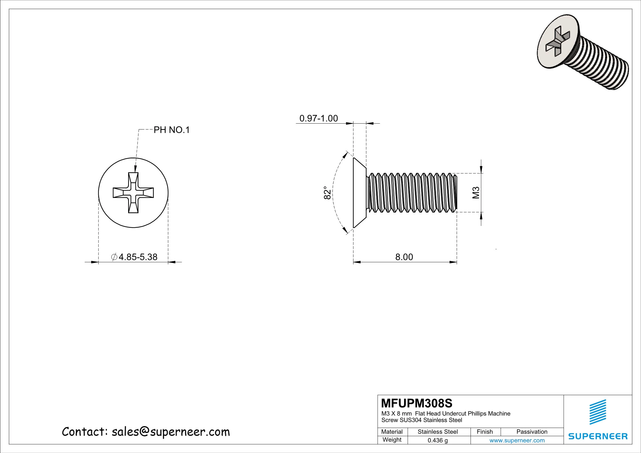 M3 x 8 mm  Flat Head Undercut Phillips Machine Screw SUS304 Stainless Steel Inox